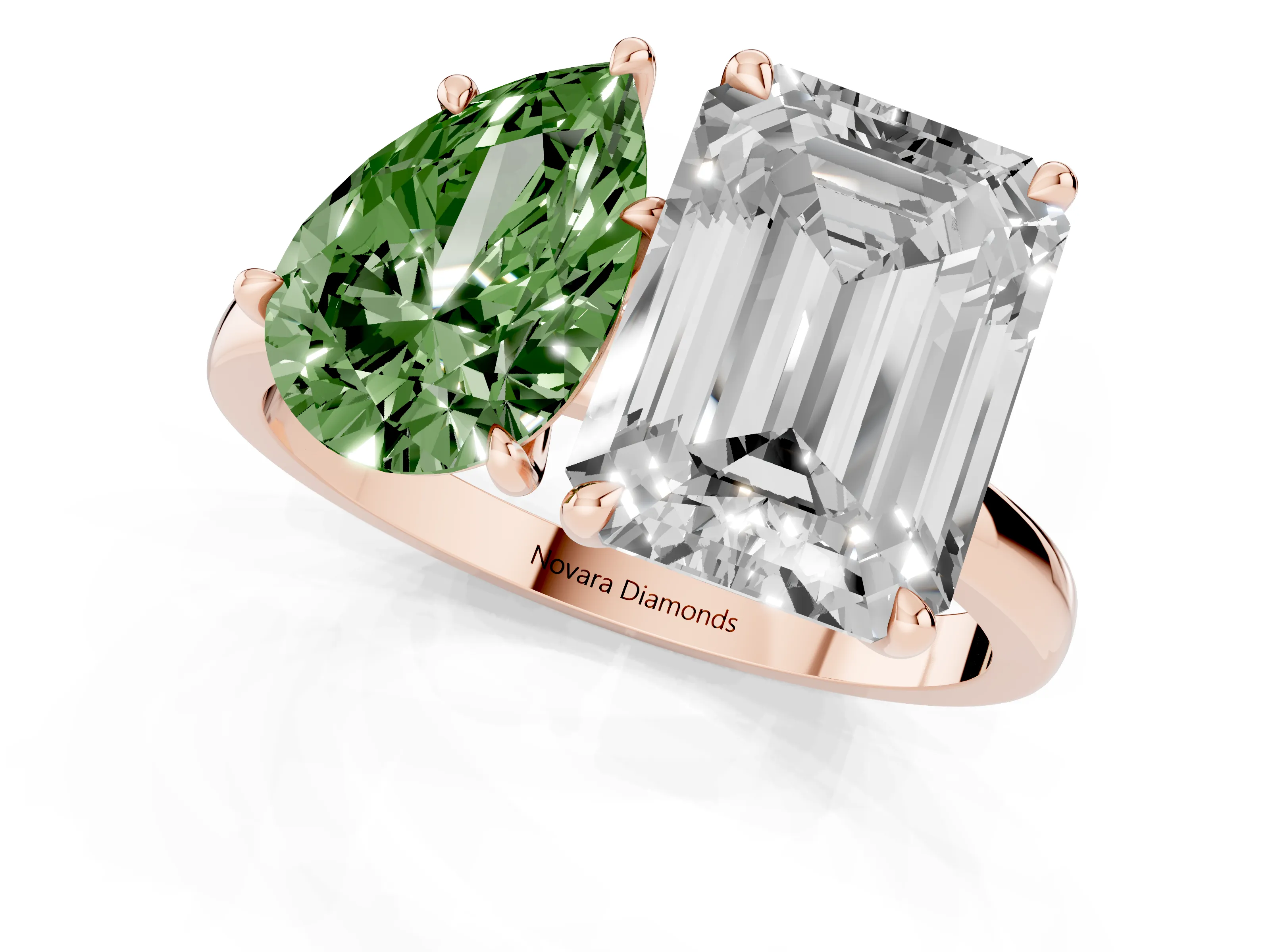 Fancy Green Pear Cut and Emerald Cut Toi Moi Ring Set in Rose gold with Prong Setting