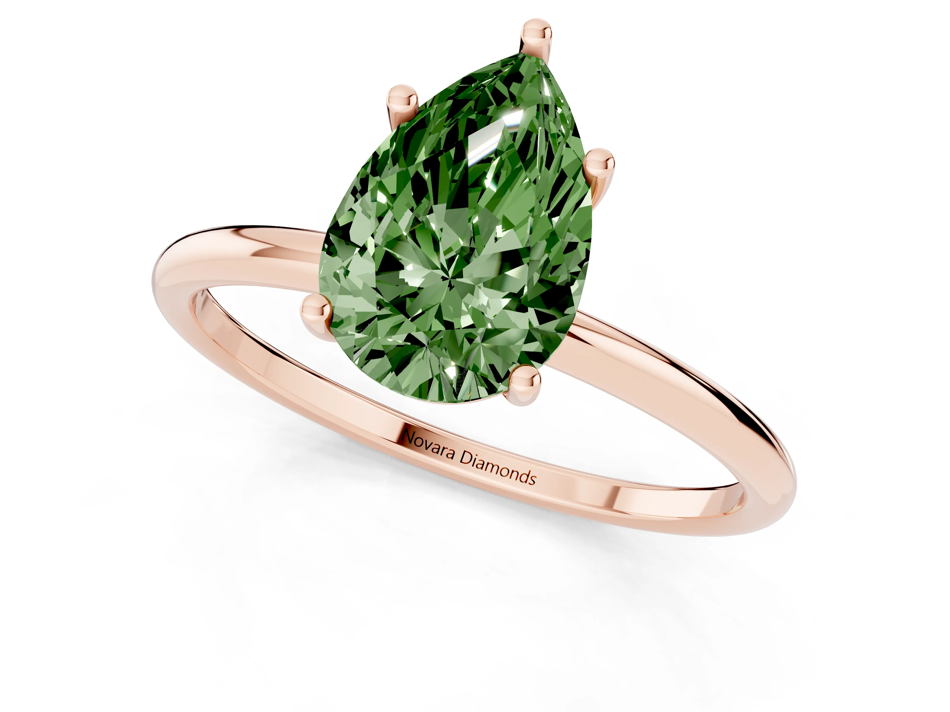 Fancy Green Pear Cut Diamond Solitaire Engagement Ring Set in Rose gold with Thin Band and Prong Setting