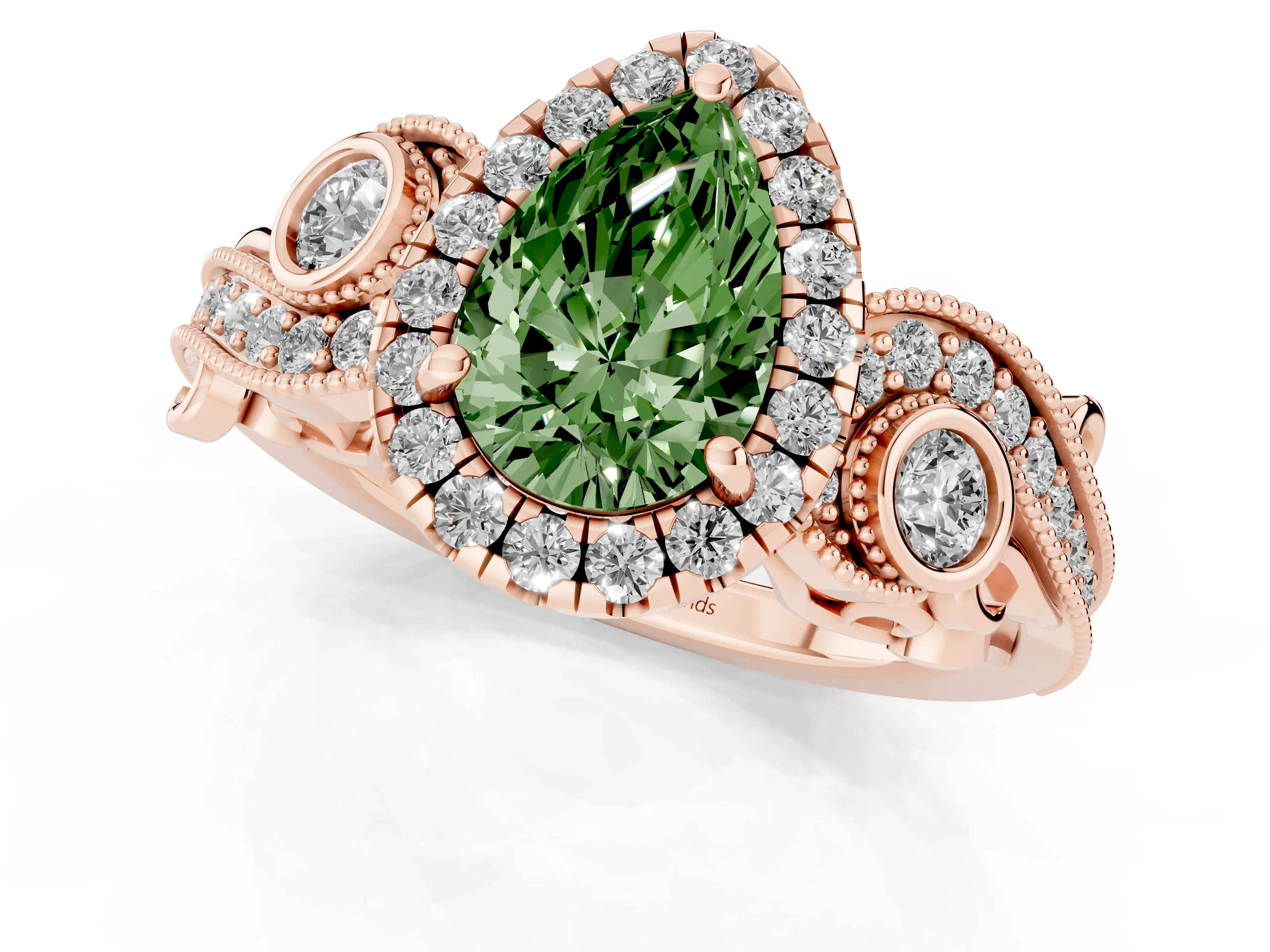 Fancy Green Pear Cut Diamond Halo Ring Set in Rose gold with Milgrain Pavé Band and Prong Setting