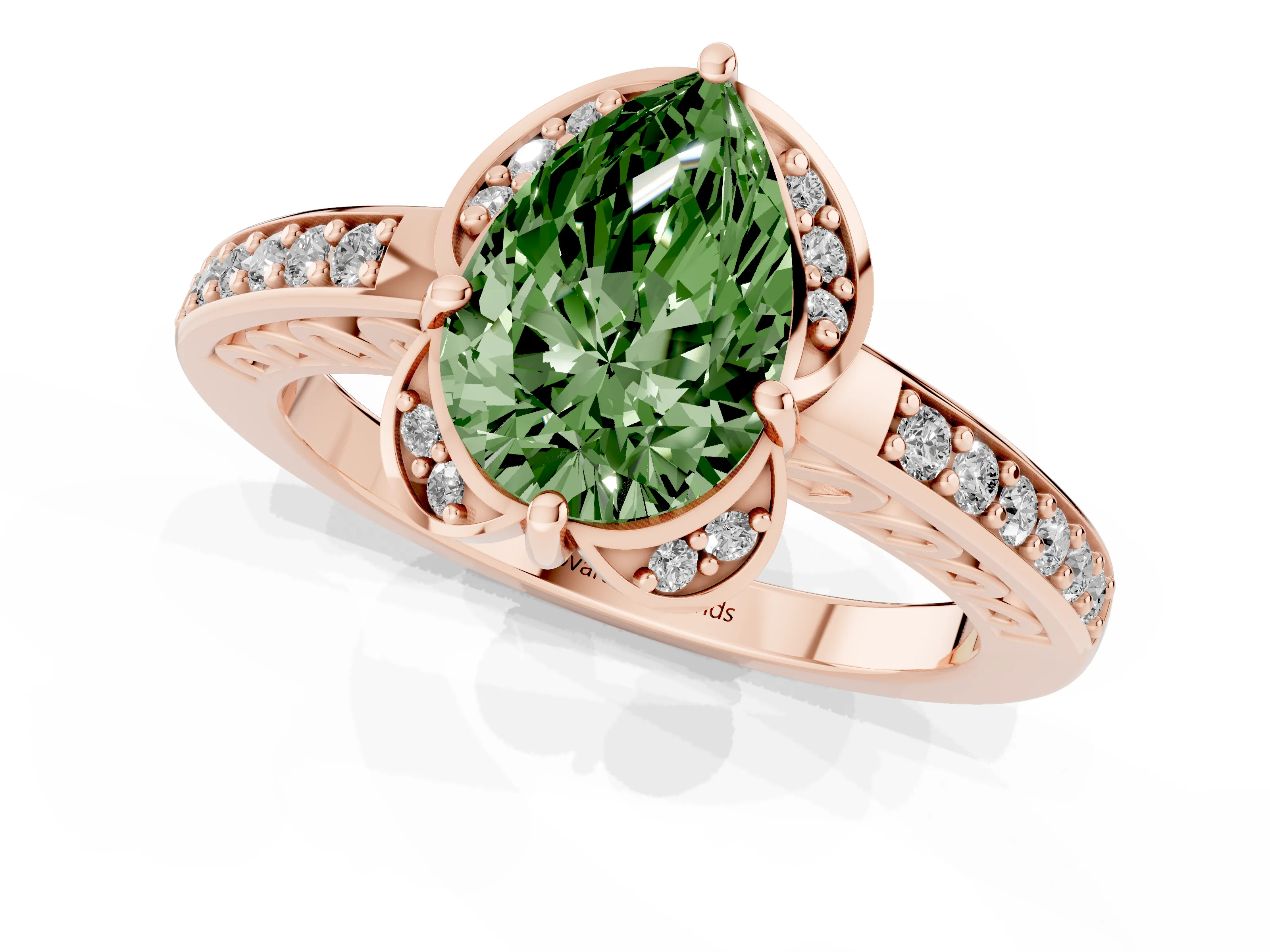 Fancy Green Pear Cut Diamond Halo Ring Set in Rose gold with Channel Set Band and Prong Setting
