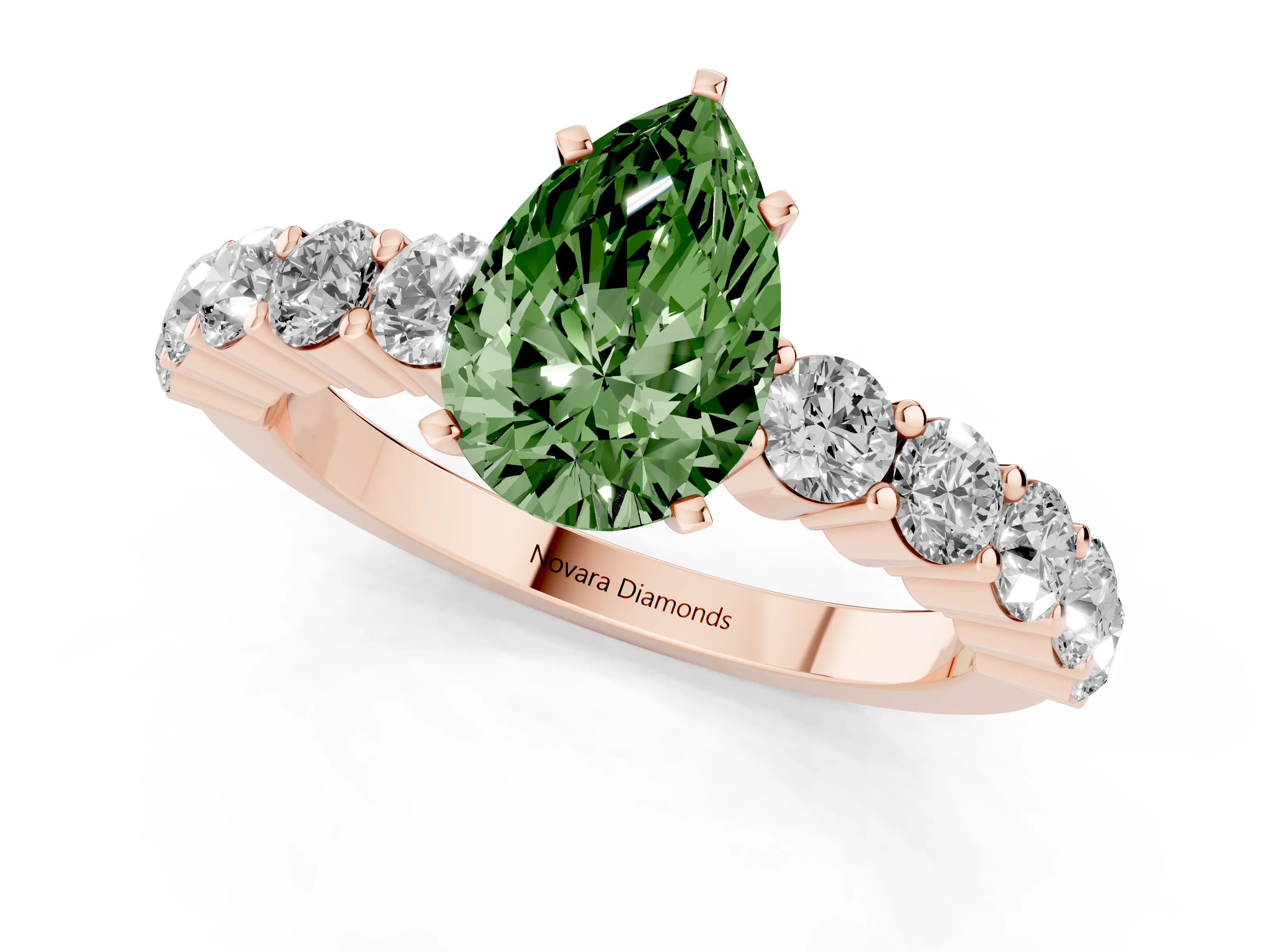 Fancy Green Pear Cut Diamond Solitaire Ring Set in Rose gold with Shared Prong Round Side Stones