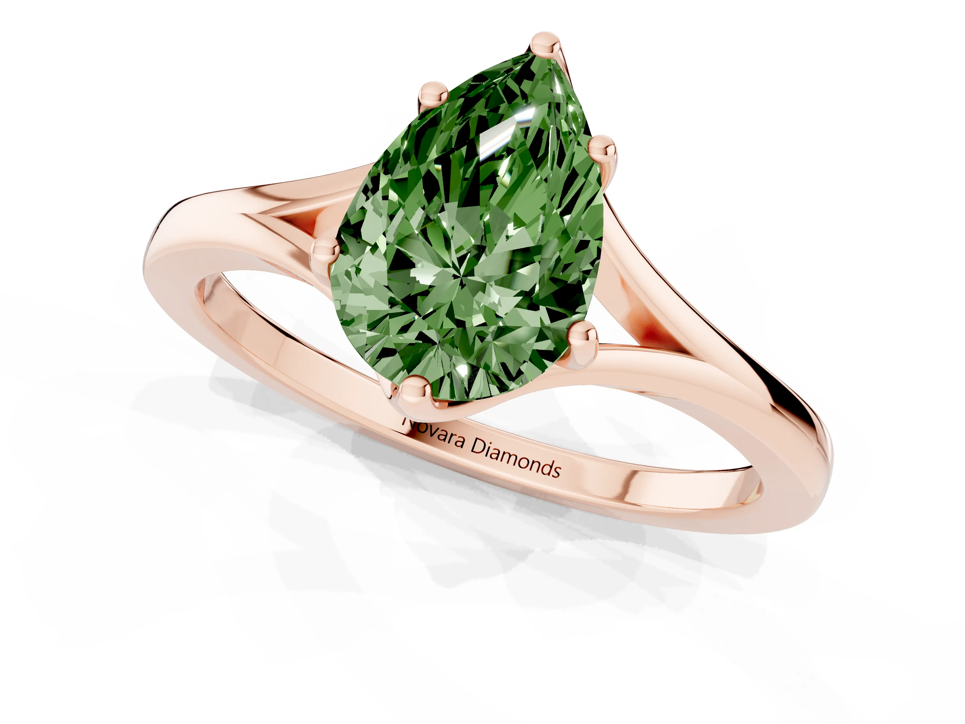Fancy Green Pear Cut Diamond Solitaire Ring Set in Rose gold with Polished Tapered Band and Prong Setting