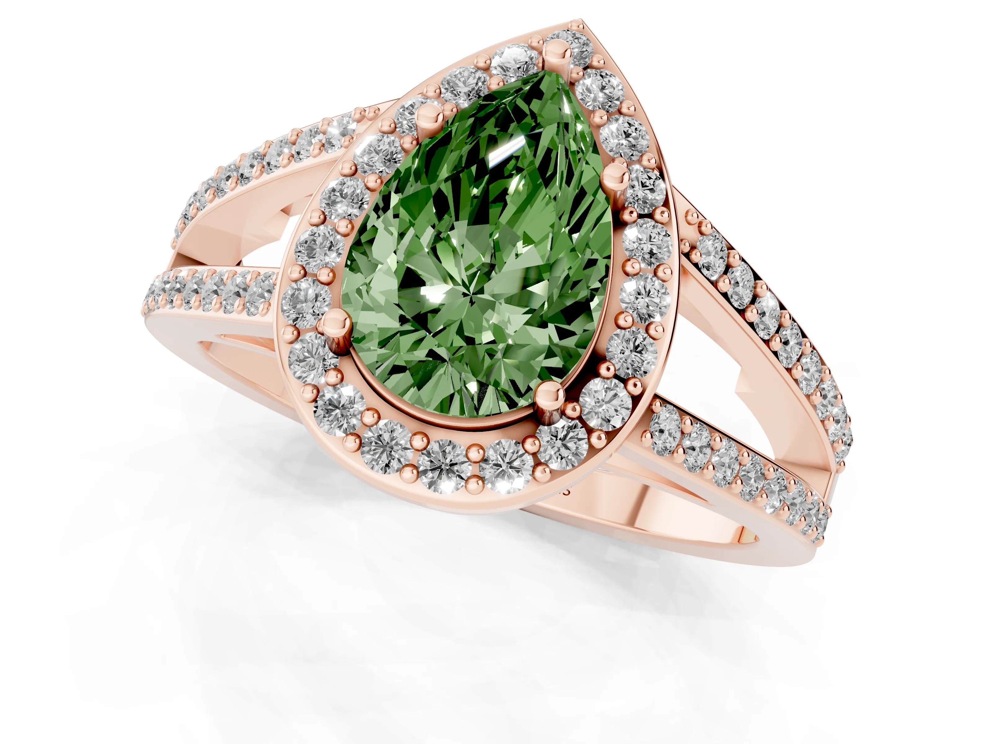 Fancy Green Pear Cut Diamond Halo Ring Set in Rose gold with U-Prong Split Shank and Prong Setting