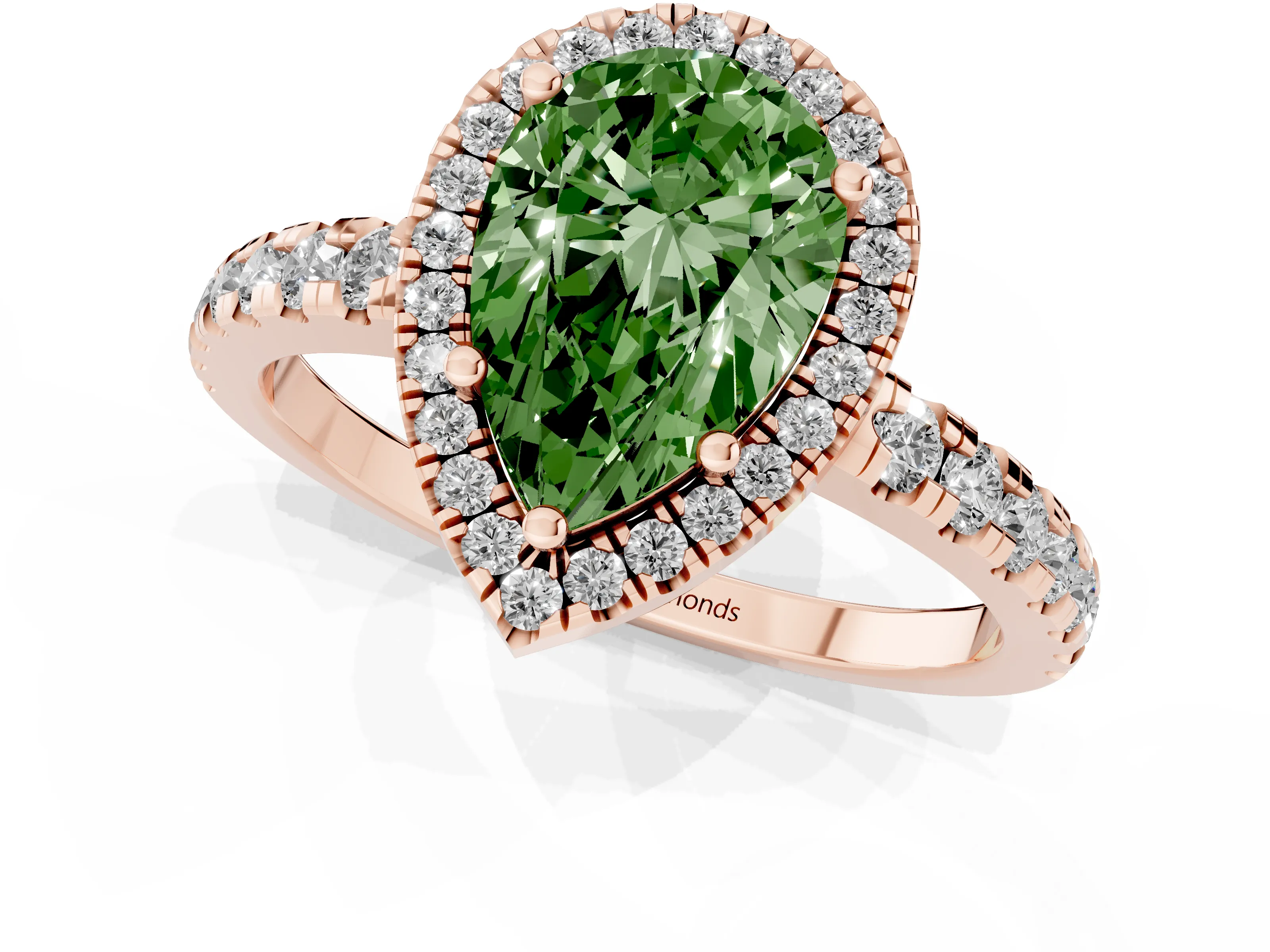 Fancy Green Pear Cut Diamond Halo Ring Set in Rose gold with Delicate Pavé Band and Prong Setting