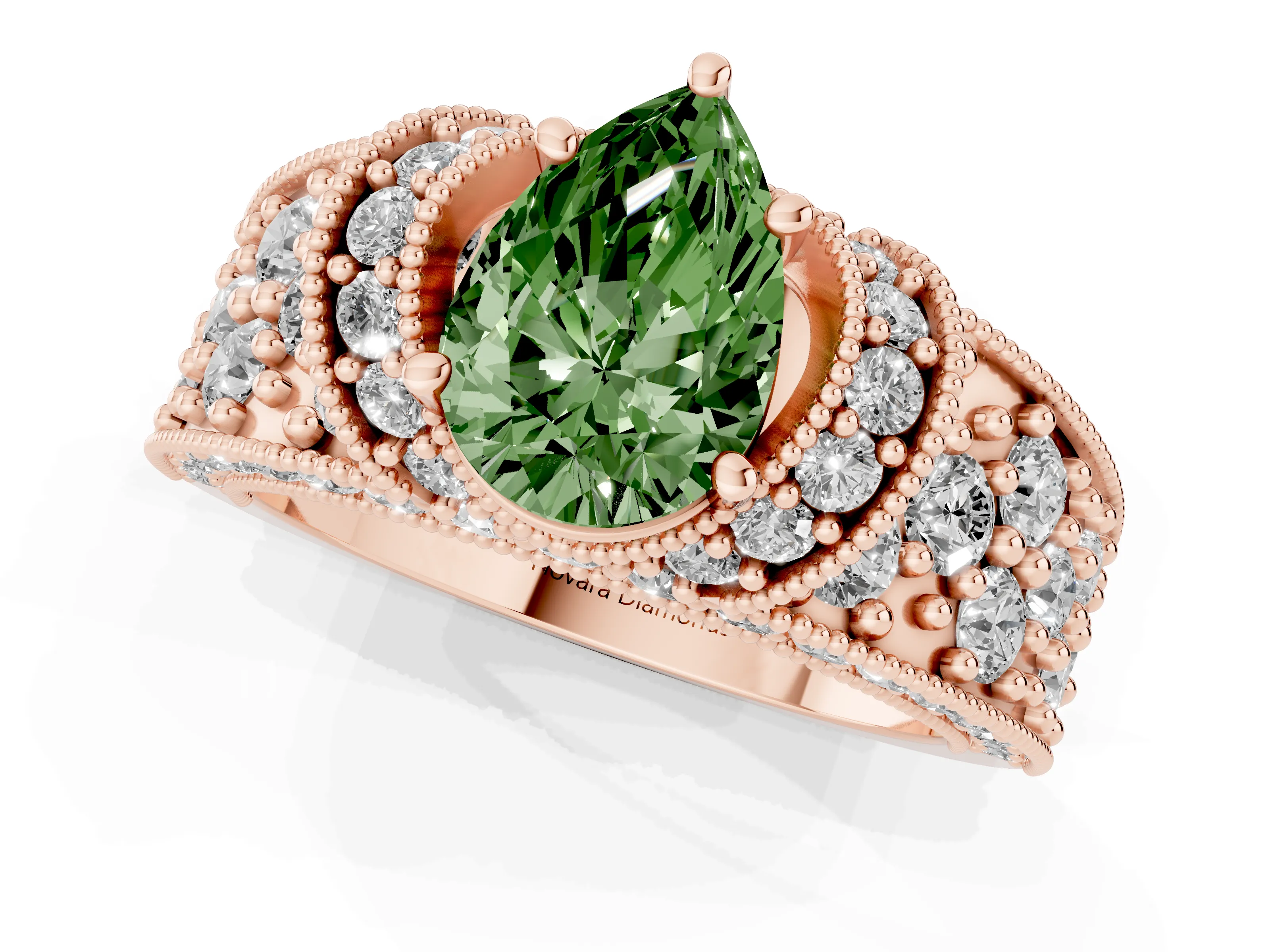 Fancy Green Pear Cut Diamond Milgrain Halo Pavé Engagement Ring Set in Rose gold with Prong Setting