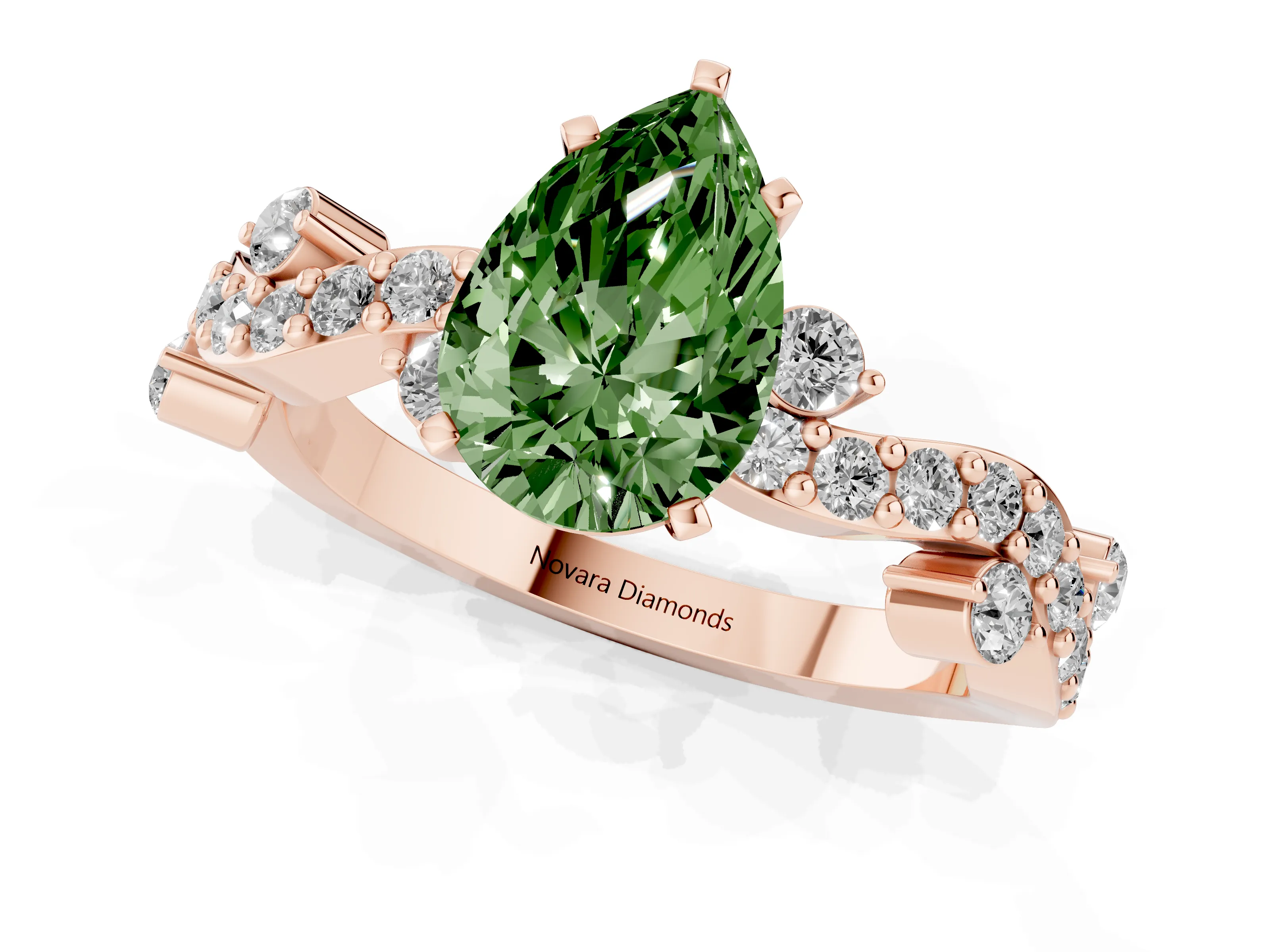 Fancy Green Pear Cut Diamond Solitaire Twisted Band Set in Rose gold with Pavé Setting