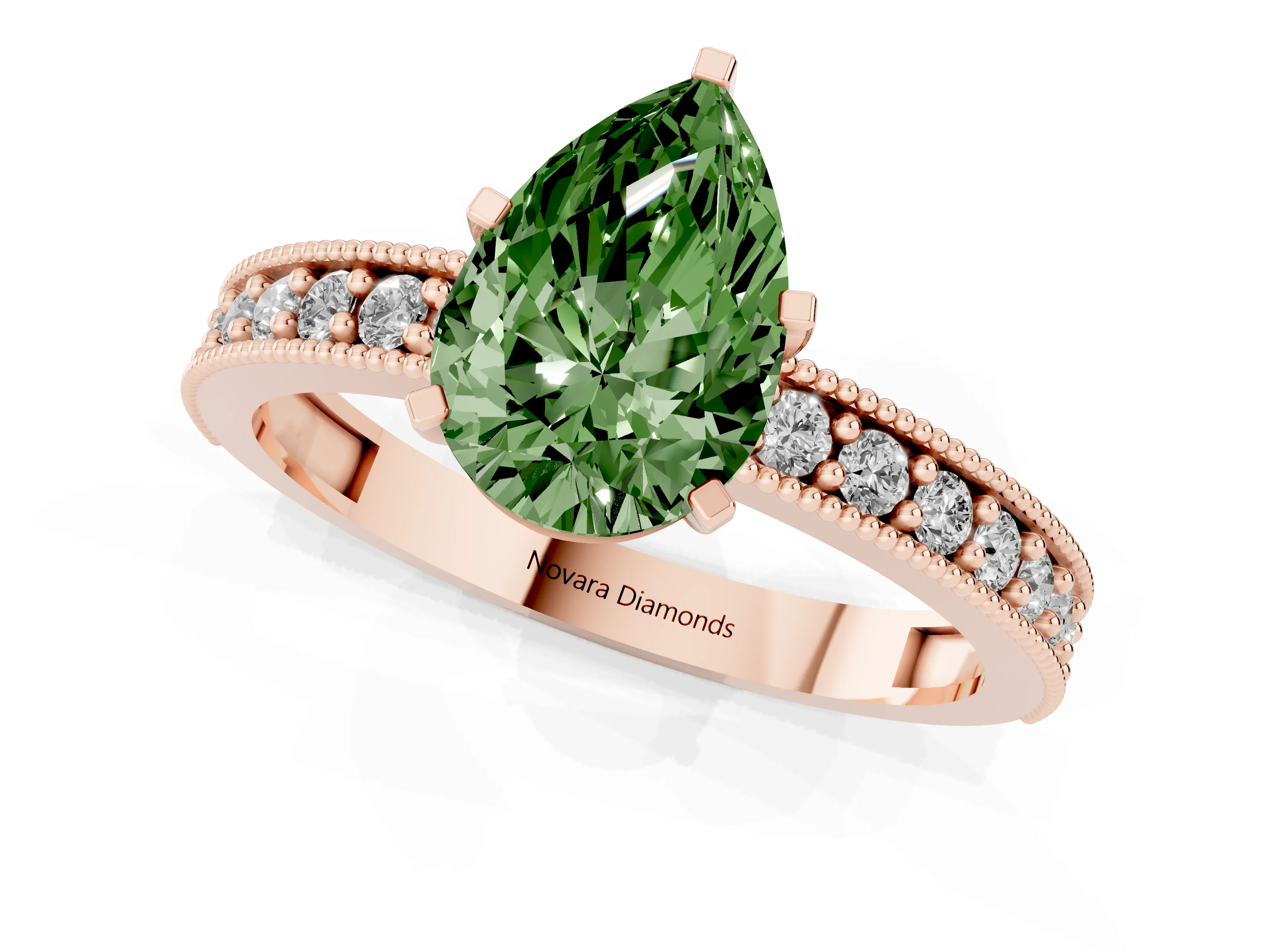 Fancy Green Pear Cut Diamond Milgrain Pavé Engagement Ring Set in Rose gold with Prong Setting