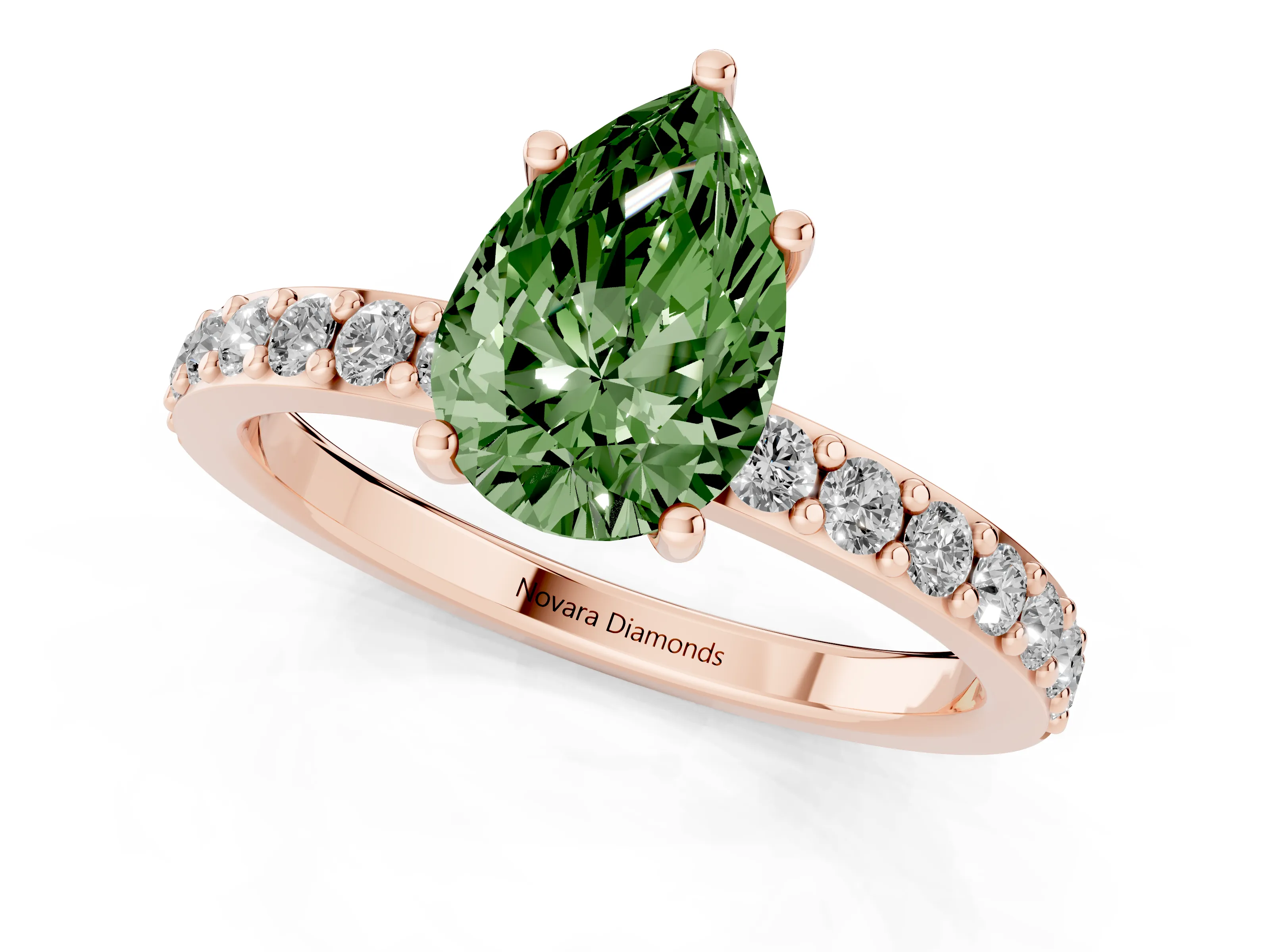 Fancy Green Pear Cut Diamond Solitaire Set in Rose gold with Round Pavé Band and Prong Setting