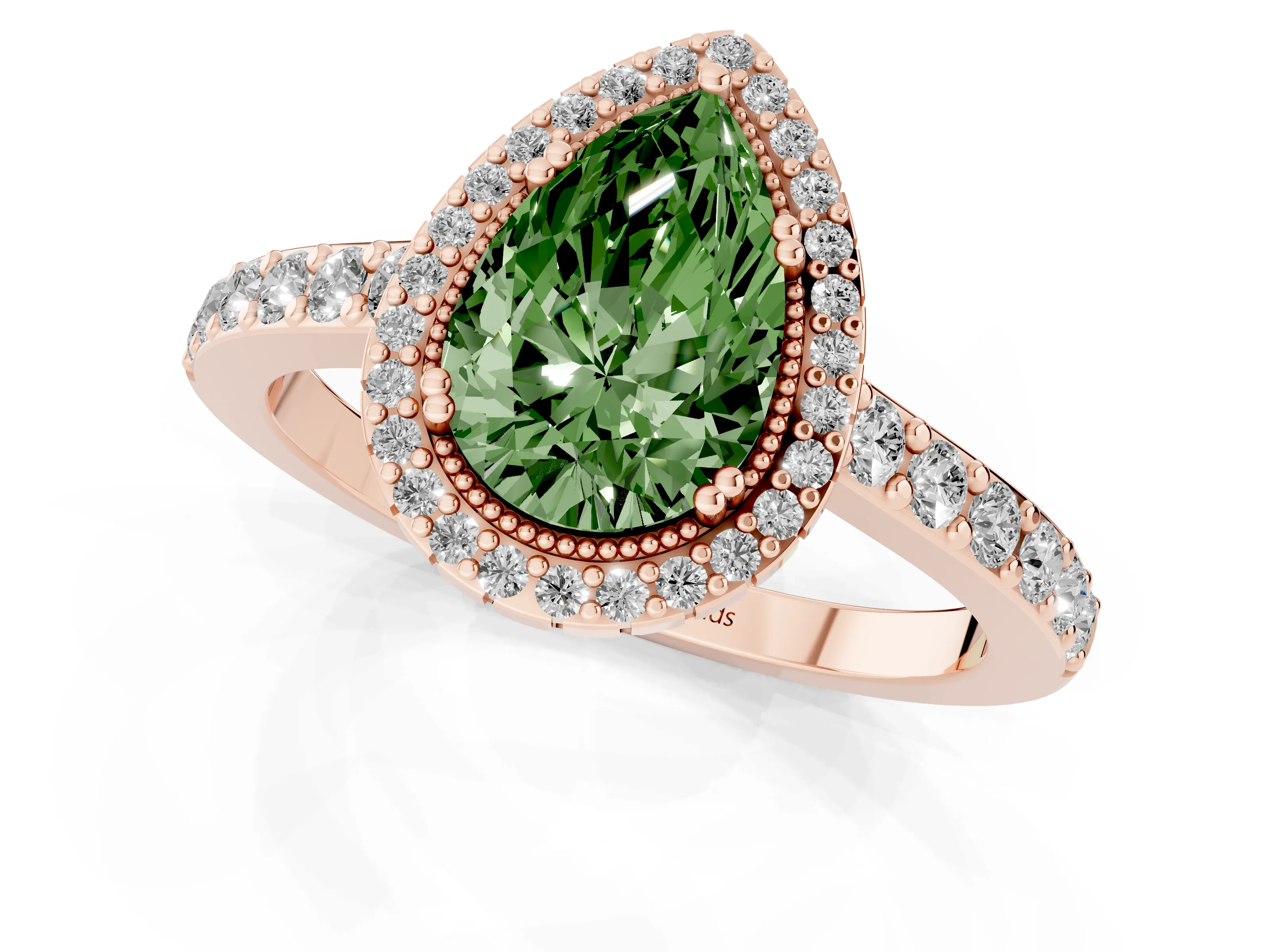Fancy Green Pear Cut Diamond Halo Engagement Ring Set in Rose gold with Milgrain Detail and Pavé Band