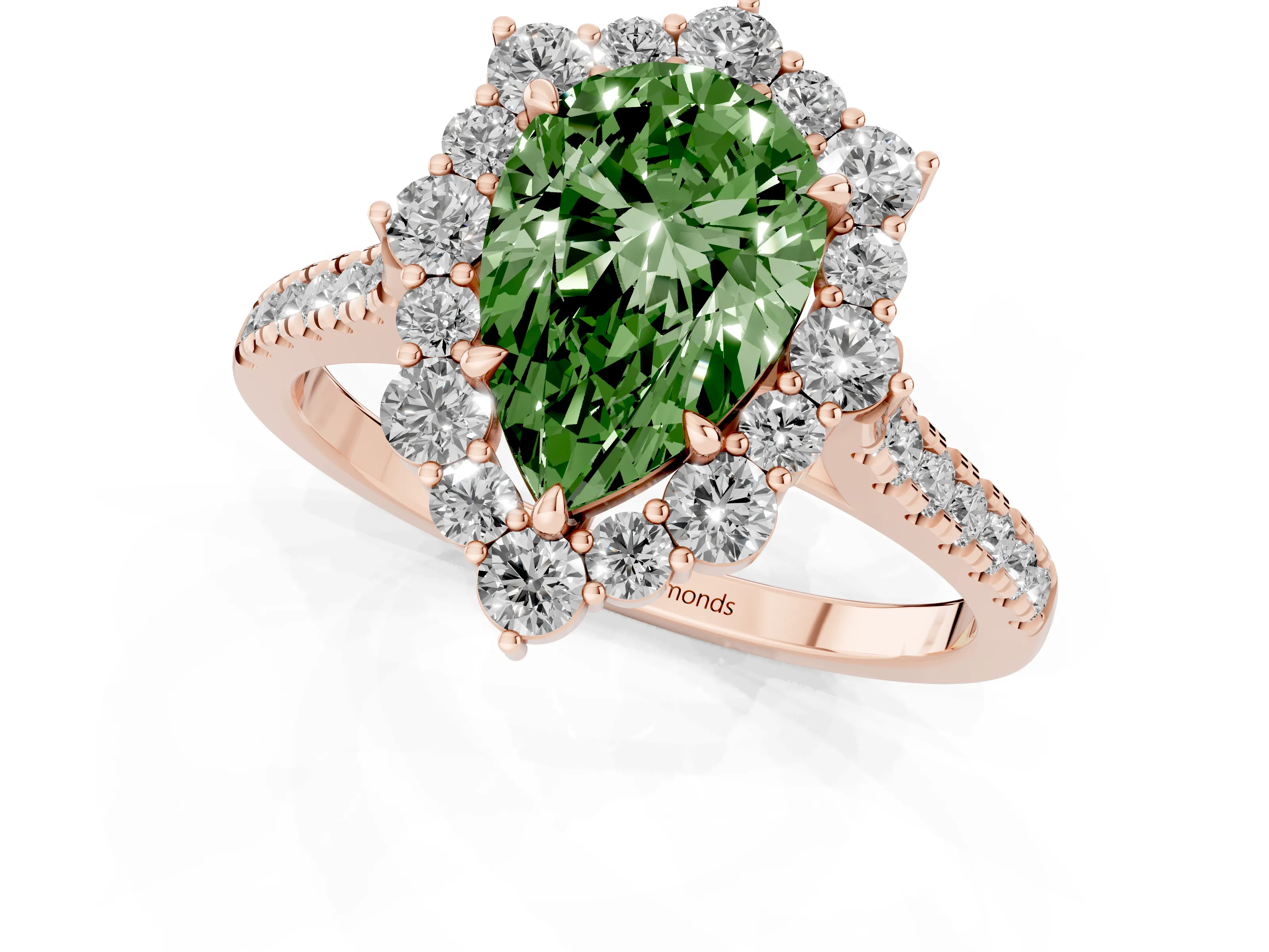 Fancy Green Pear Cut Diamond Halo Ring Set in Rose gold with Pavé Band and Prong Setting