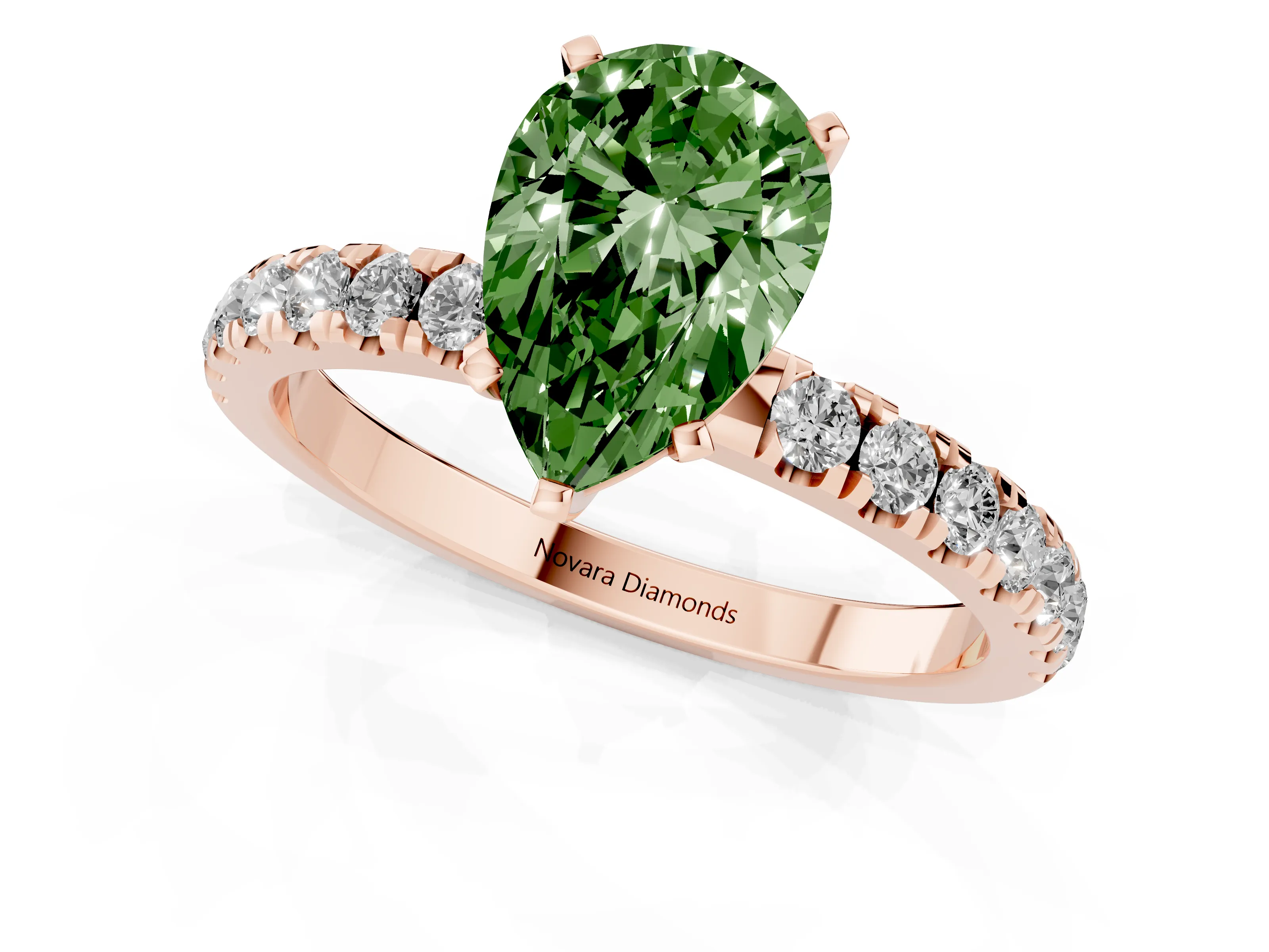 Fancy Green Pear Cut Diamond Solitaire Ring Set in Rose gold with Pavé Accents and Prong Setting