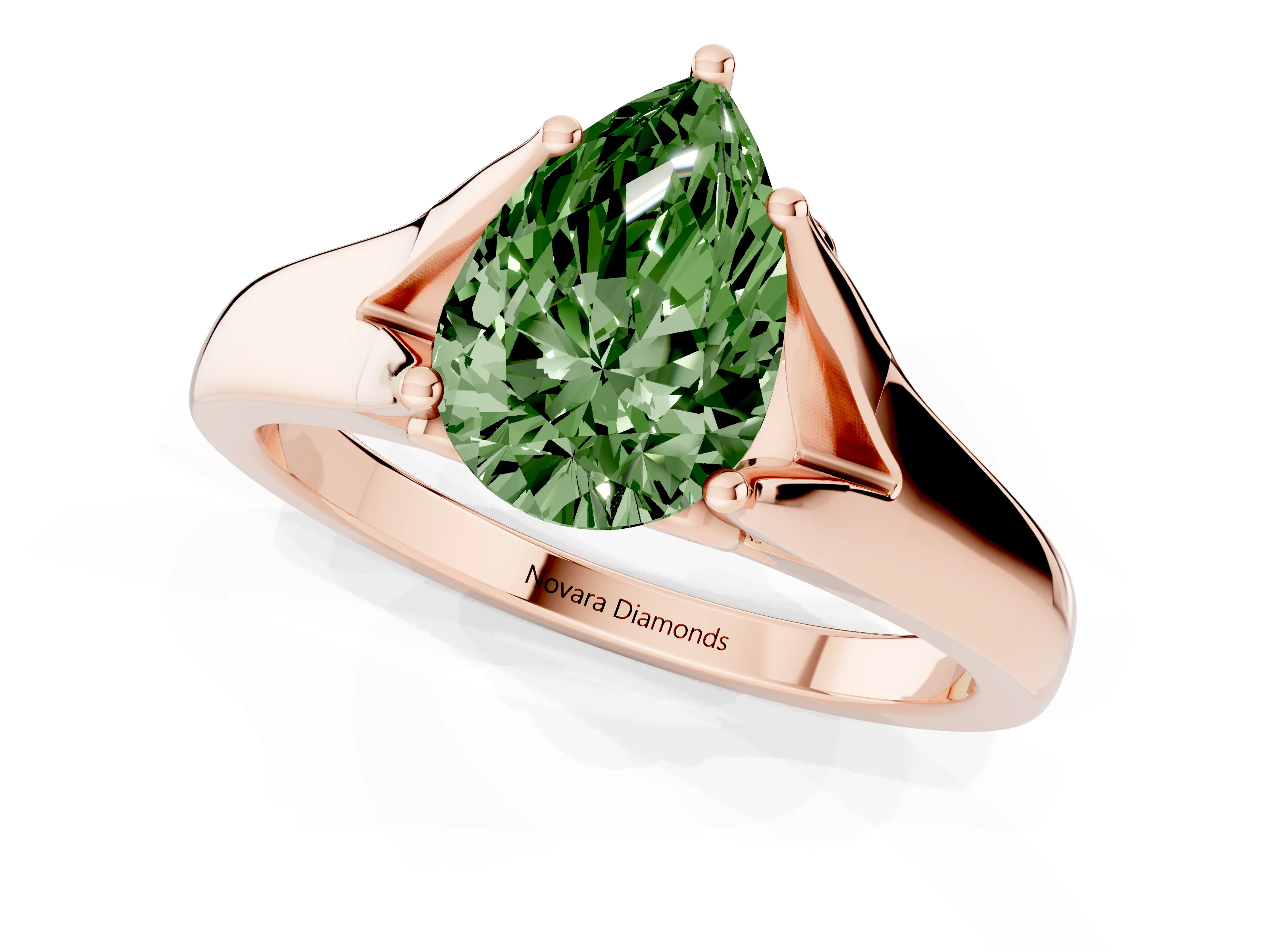 Fancy Green Pear Cut Diamond Solitaire Ring Set in Rose gold with Arched Cathedral Band and Prong Setting