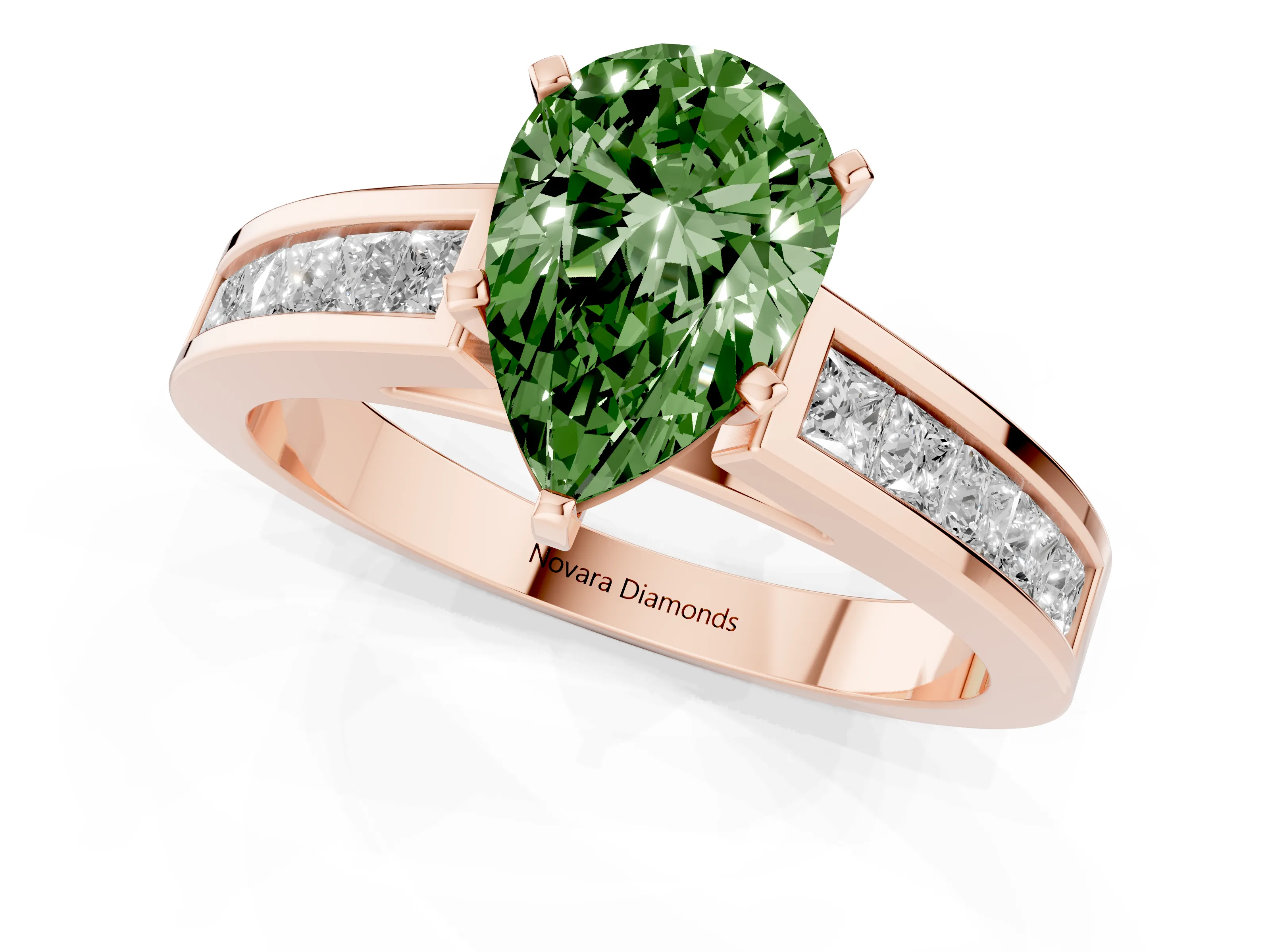 Fancy Green Pear Cut Diamond Solitaire Ring Set in Rose gold with Channel-Set Band and Prong Setting