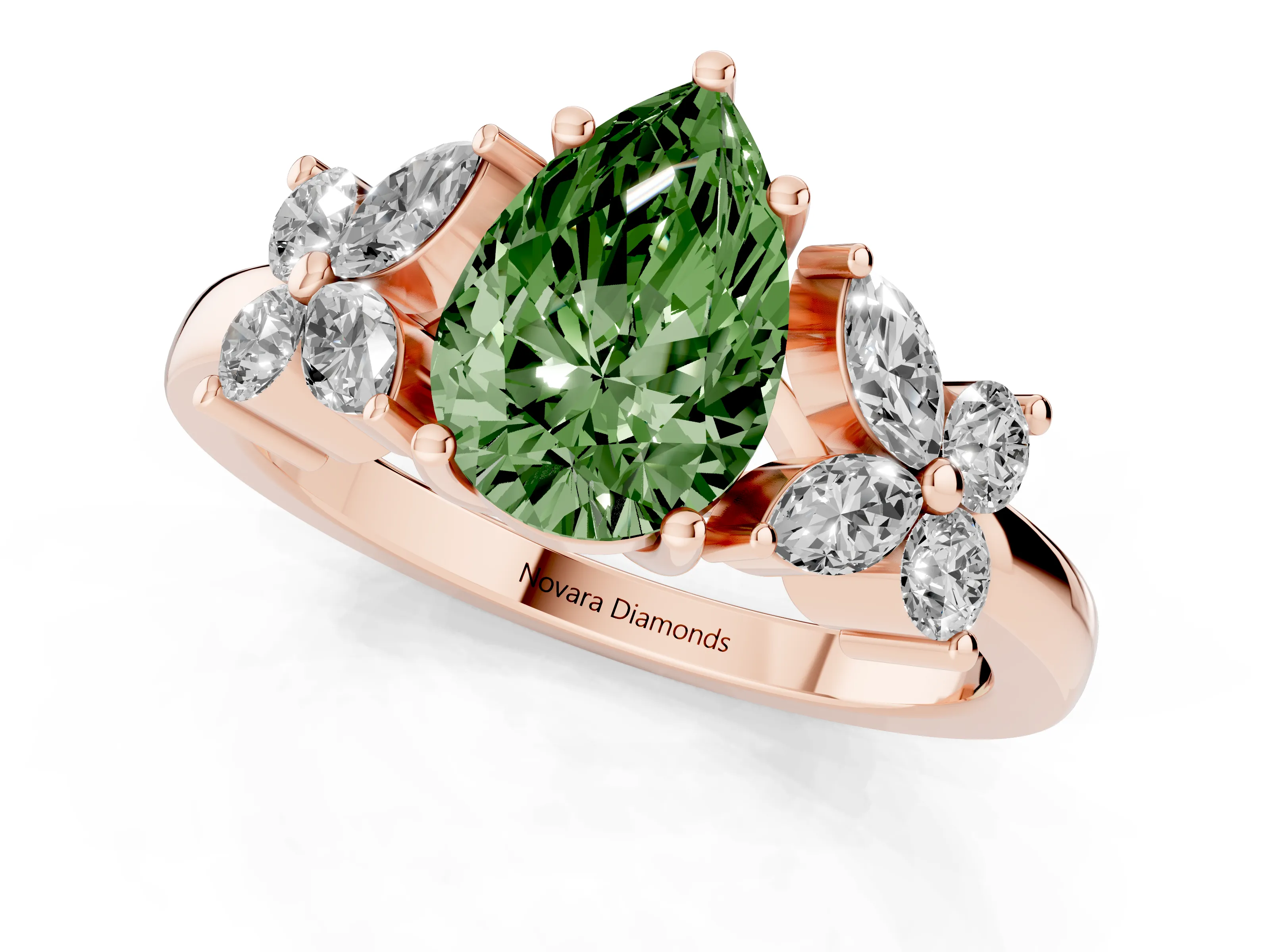 Fancy Green Pear Cut Diamond Floral Cluster Ring Set in Rose gold with Marquise Petals and Prong Setting