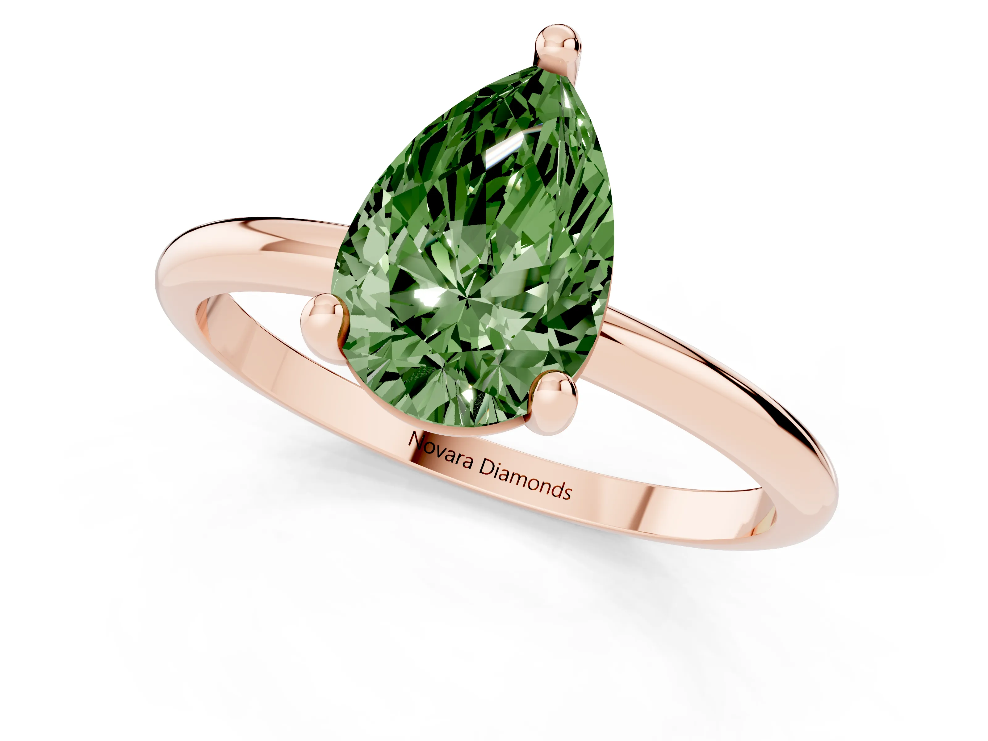 Fancy Green Pear Cut Diamond Solitaire Ring Set in Rose gold with Secure Prong Setting on a Classic Band