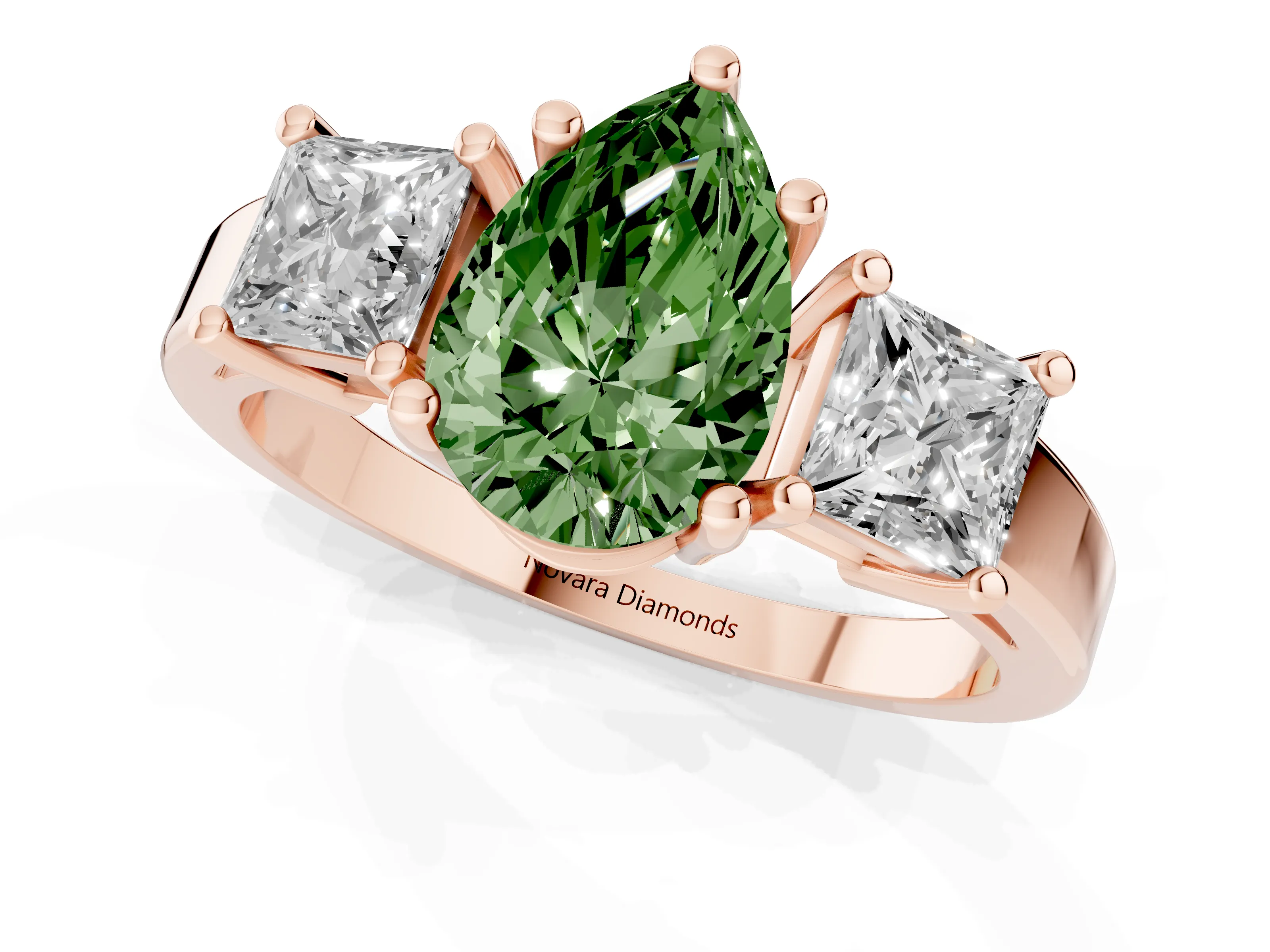 Fancy Green Three-Stone Pear Cut Diamond Solitaire Ring Set in Rose gold with Prong Setting