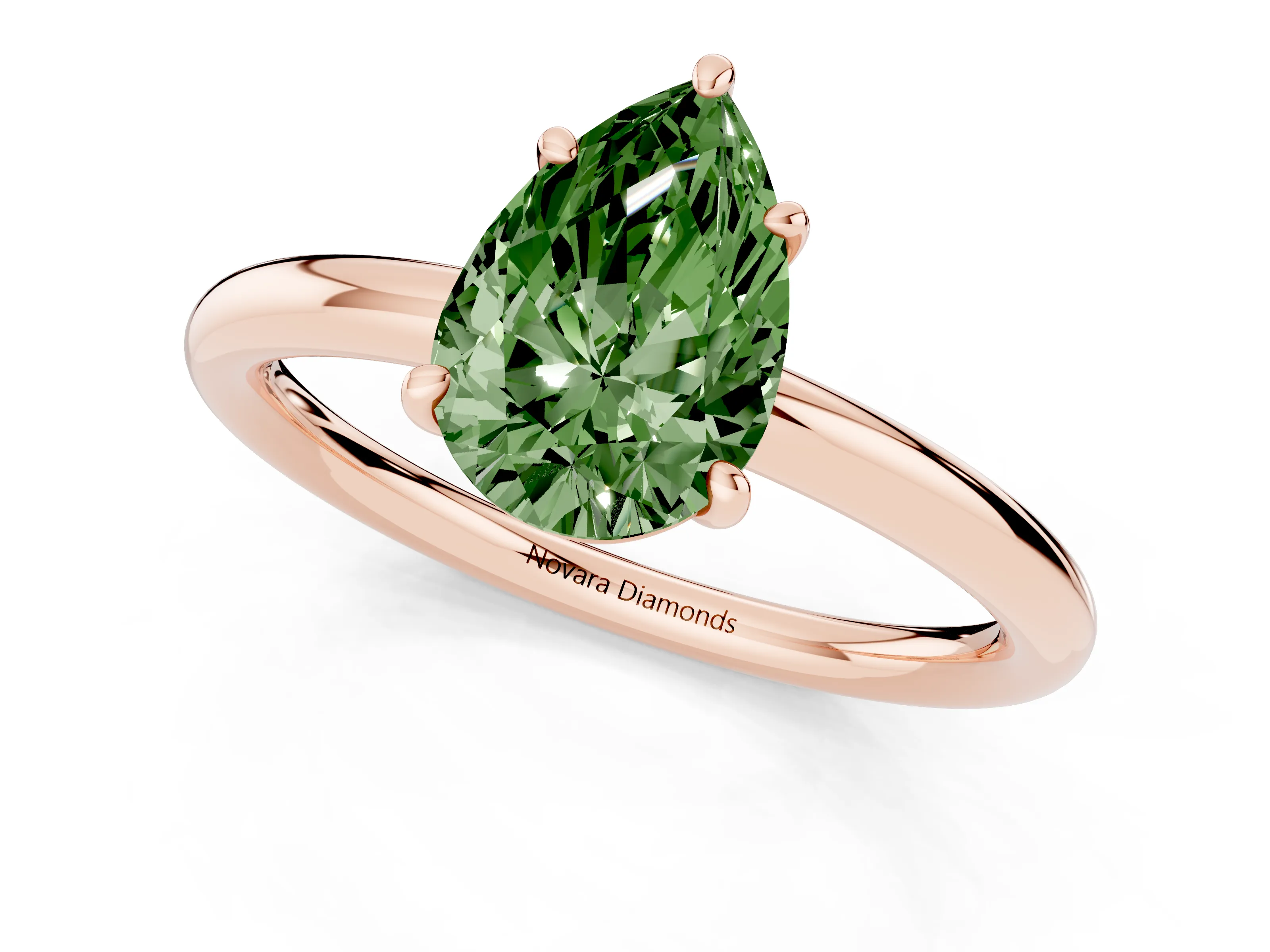 Fancy Green Pear Cut Diamond Solitaire Ring Set in Rose gold with Prong Setting on a Polished Plain Band