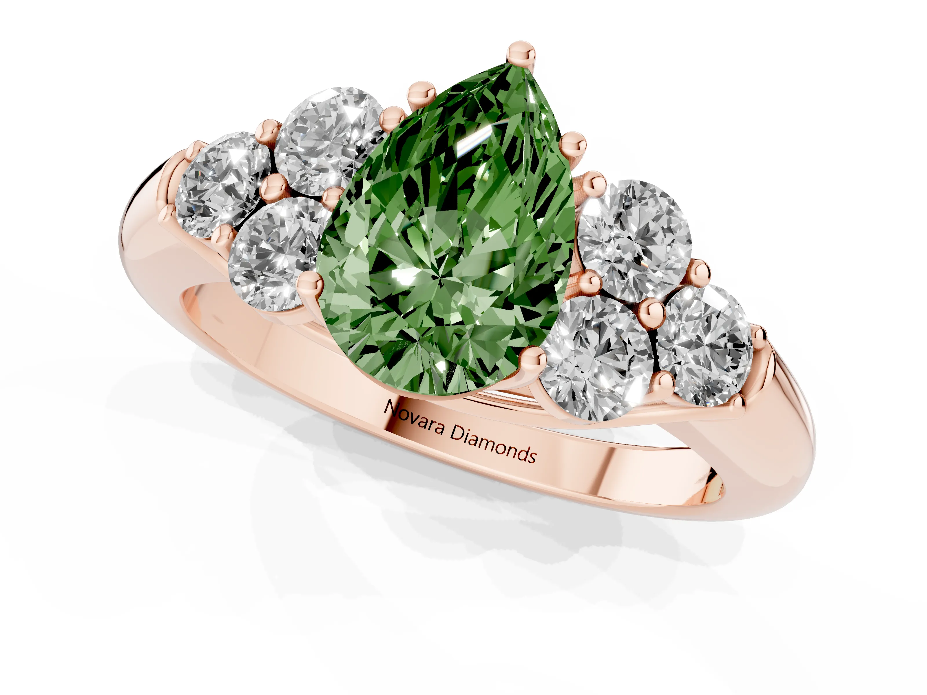 Fancy Green Pear Cut Diamond Cluster Ring Set in Rose gold with Round Accent Stones and Prong Setting on a Plain Band