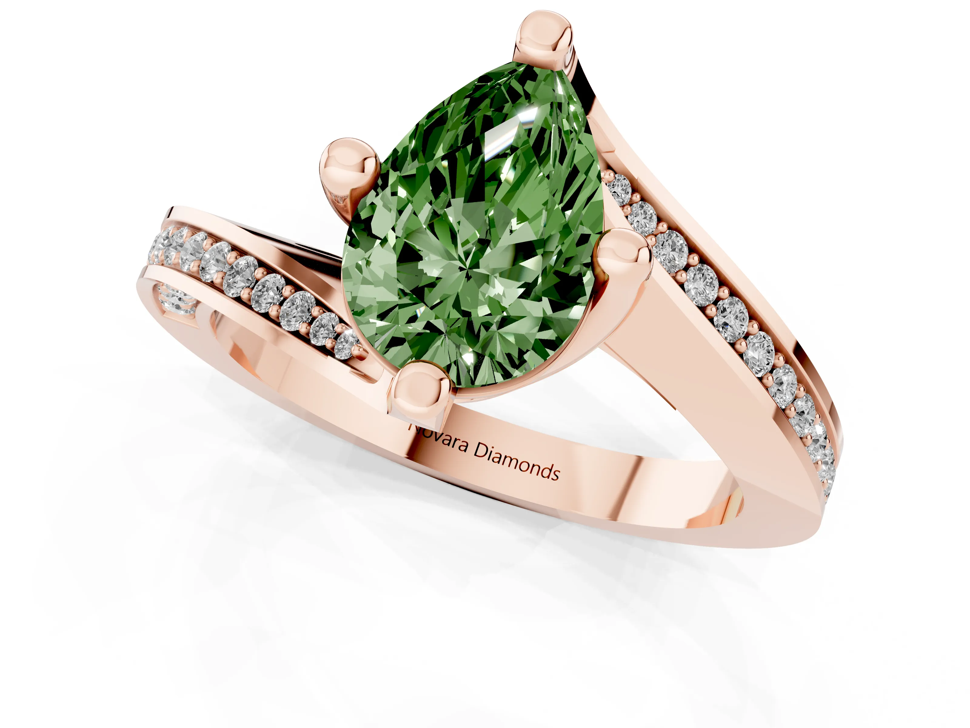 Fancy Green Pear Cut Diamond Solitaire Ring Set in Rose gold with Intertwined Pavé Twist Band