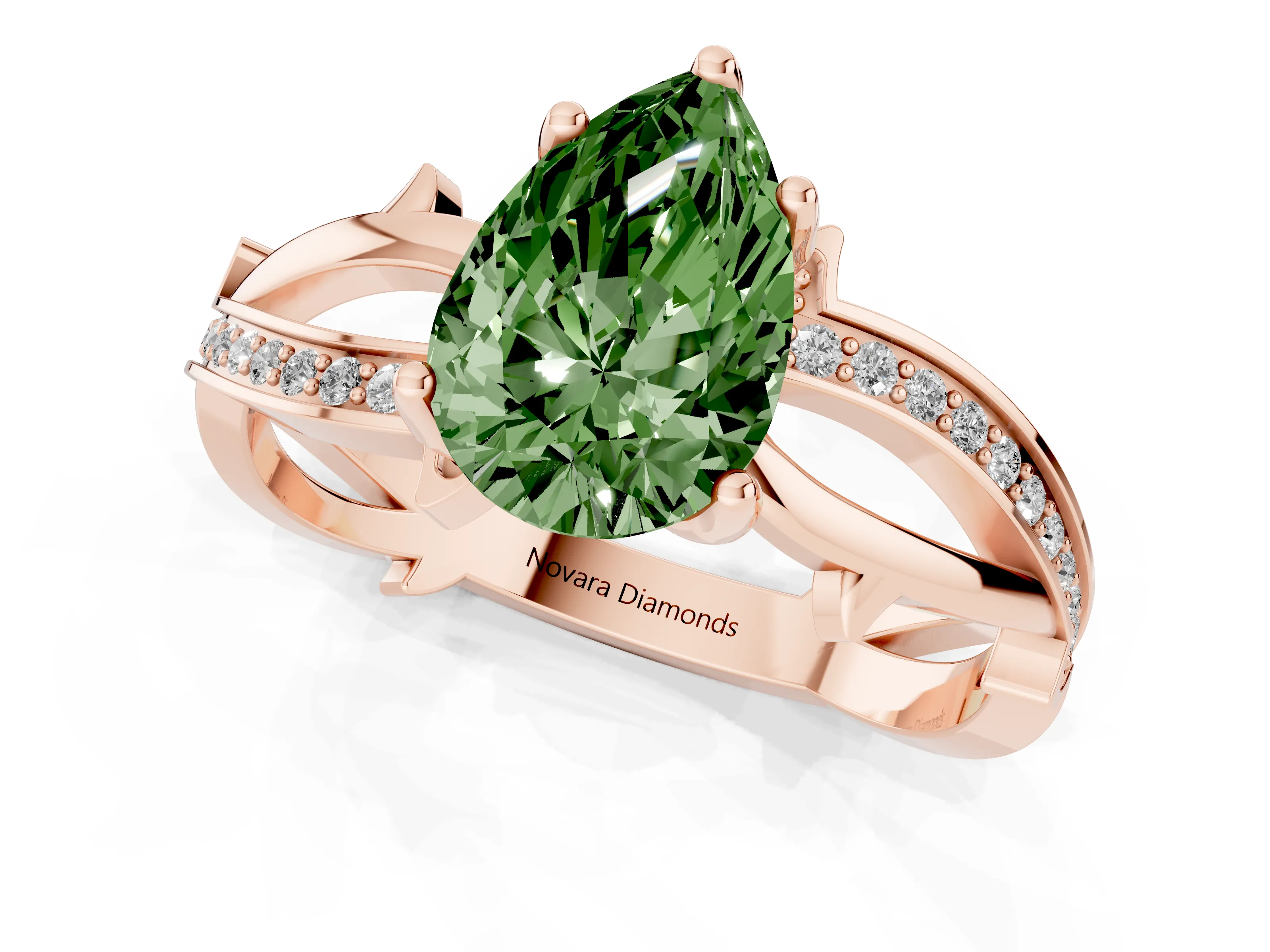 Fancy Green Pear Cut Diamond Pavé Twist Band Solitaire Ring Set in Rose gold with Prong Setting