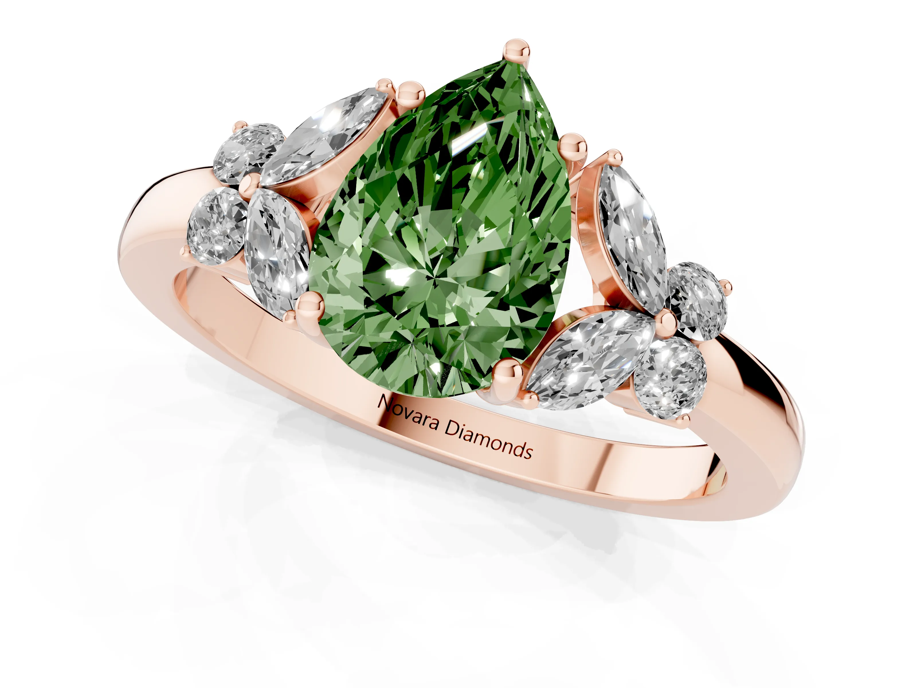 Fancy Green Pear Cut Diamond Solitaire Floral Ring Set in Rose gold with Marquise Petals and Prong Setting