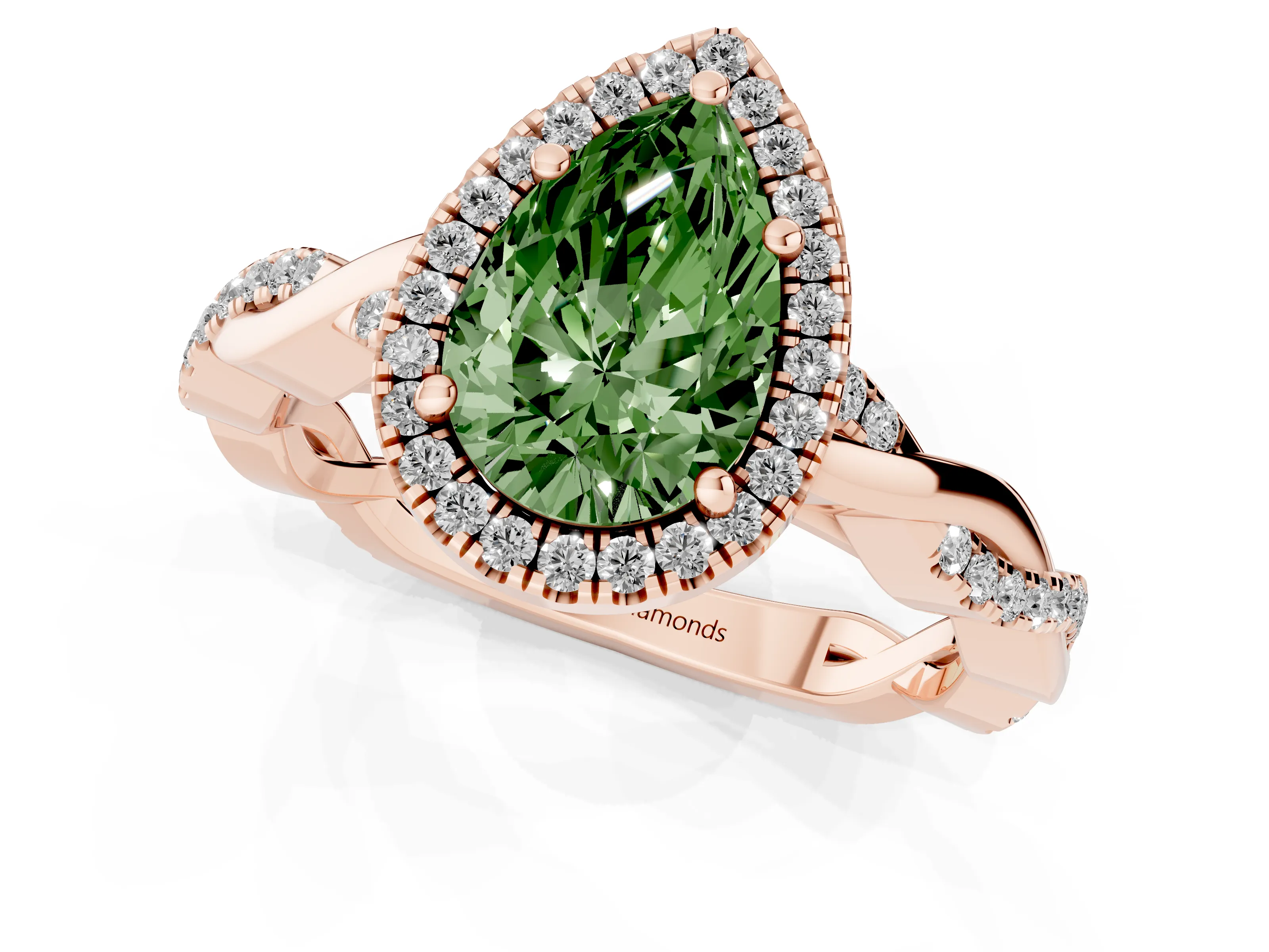 Fancy Green Pear Cut Diamond Halo Twisted Band Ring Set in Rose gold with Prong Setting
