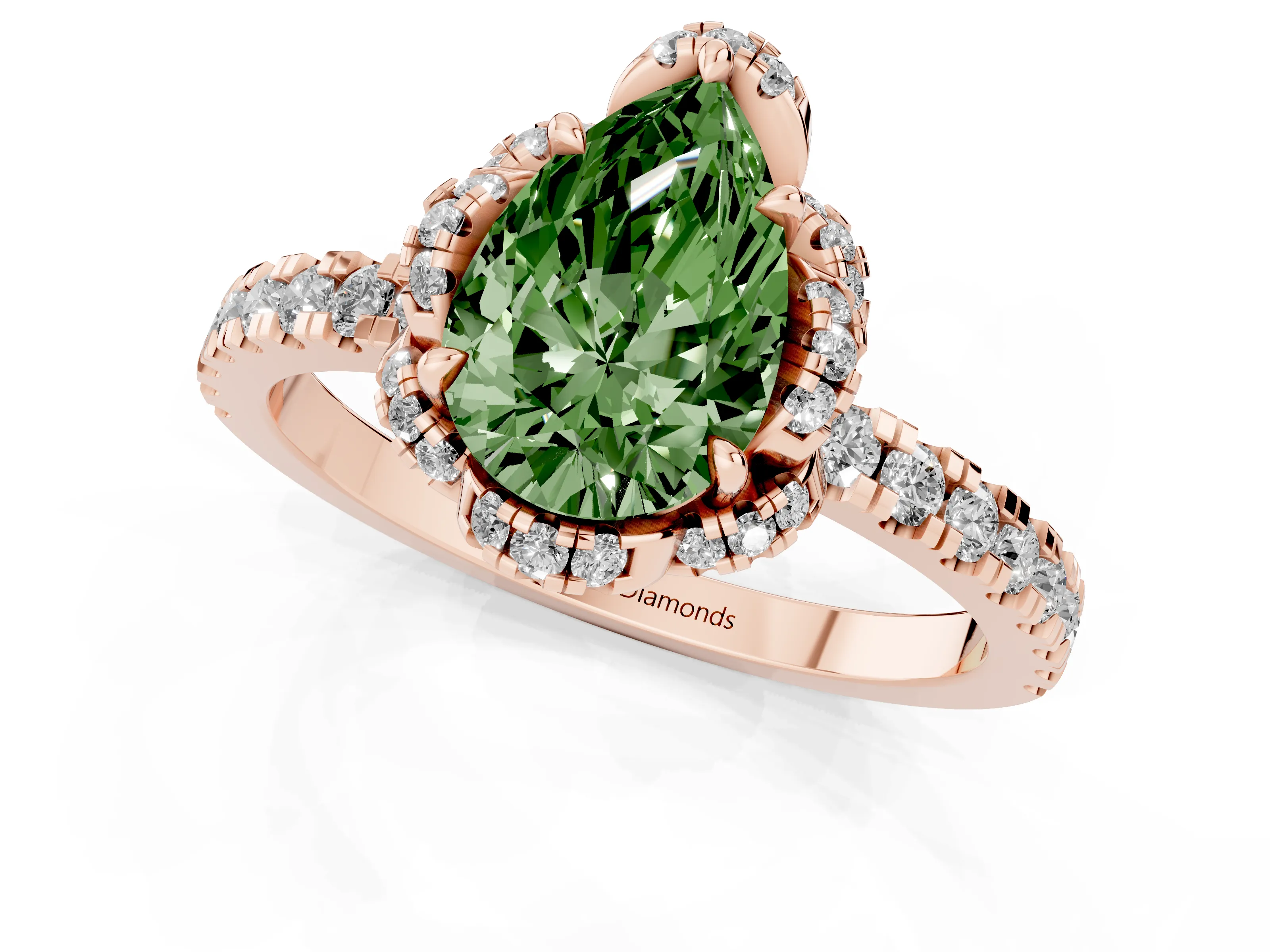 Fancy Green Pear Cut Diamond Halo Pavé Band Ring Set in Rose gold with Prong-Held Center