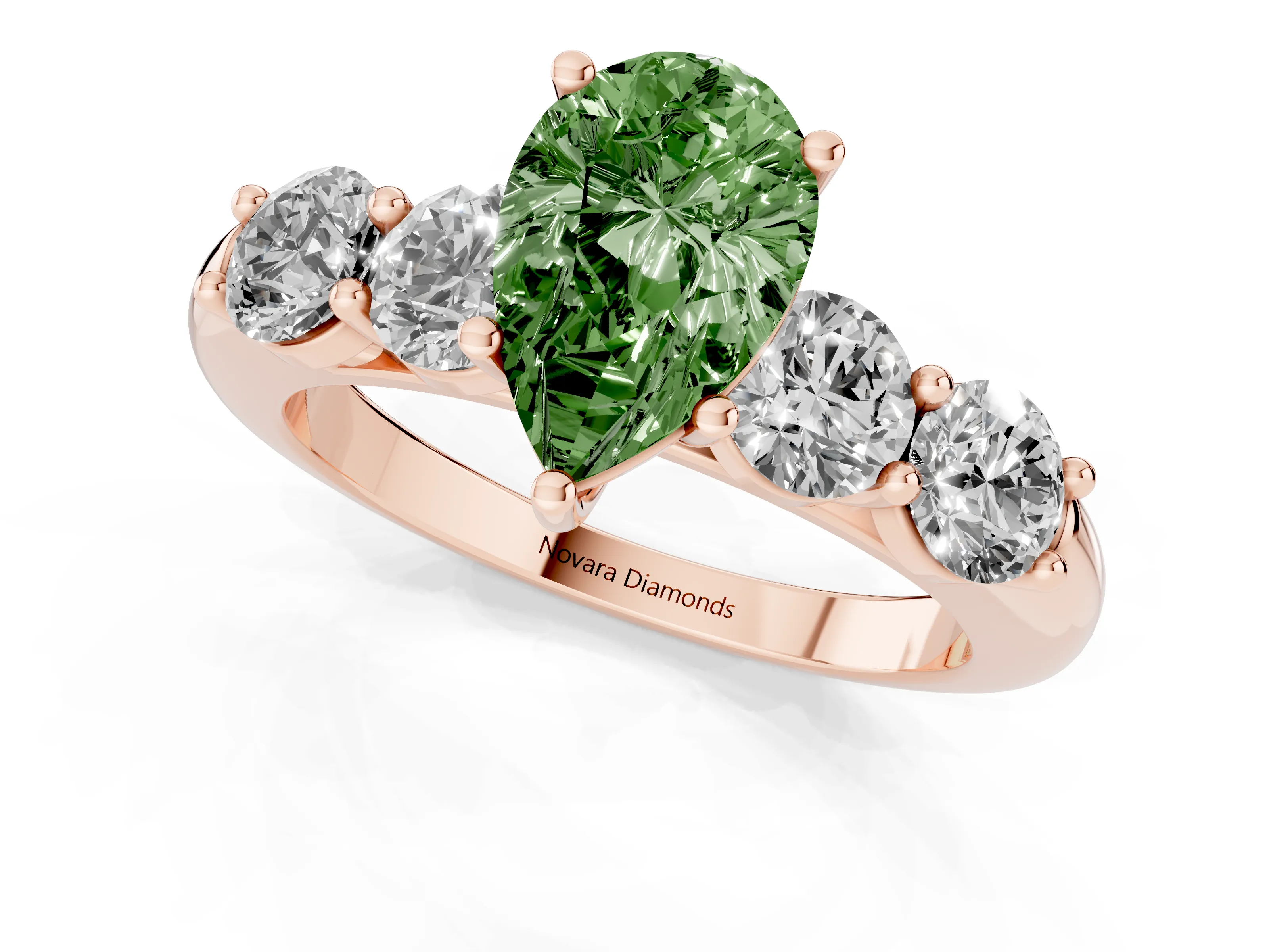 Fancy Green Pear Cut Diamond Five-Stone Prong Set Ring Set in Rose gold with Classic Band