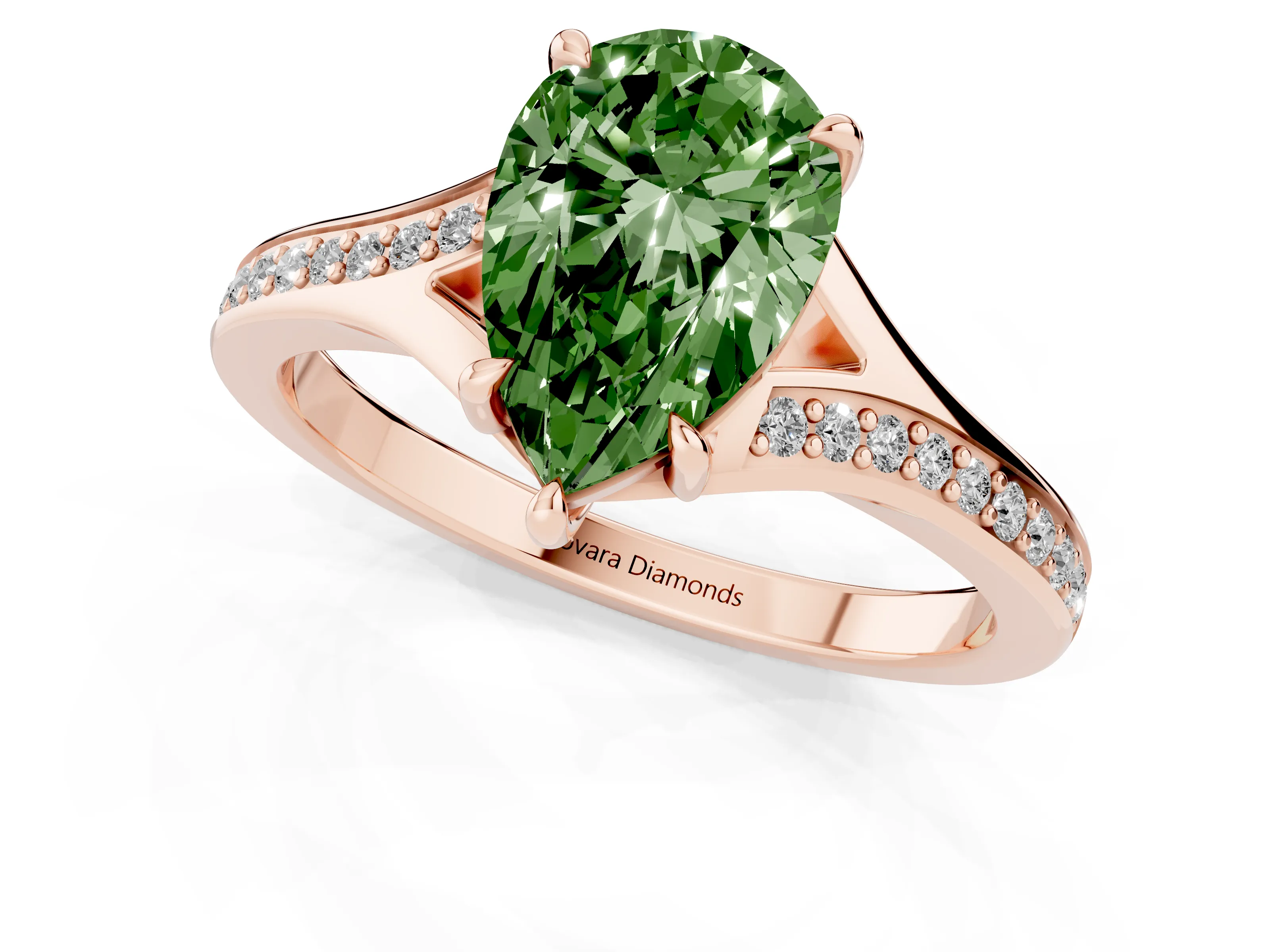 Fancy Green Pear Cut Diamond Solitaire Ring Set in Rose gold with Pavé Accent Band and Classic Prong Setting