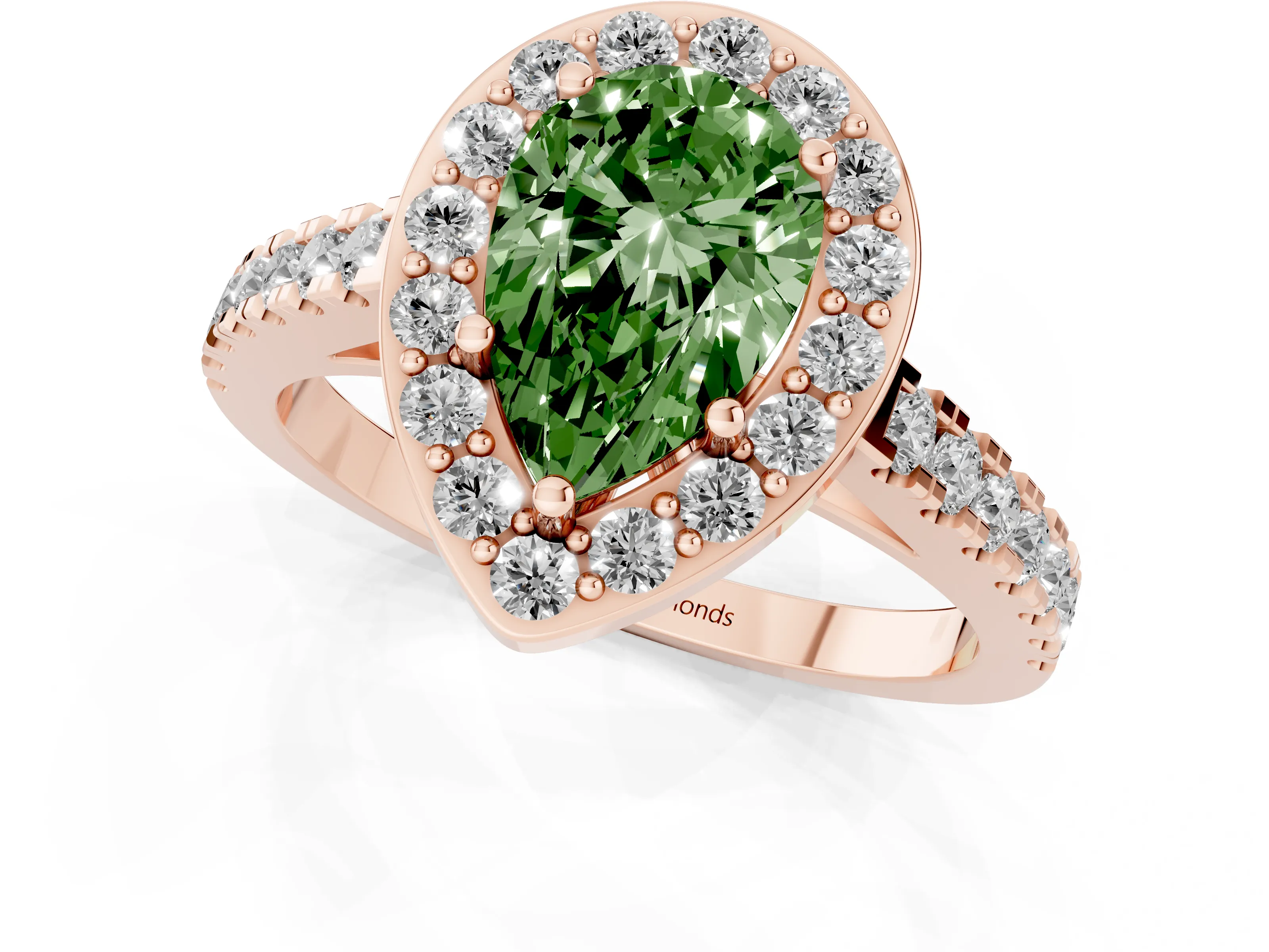 Fancy Green Pear Cut Diamond Halo Ring Set in Rose gold with Round Pavé Split Shank and Prong Setting