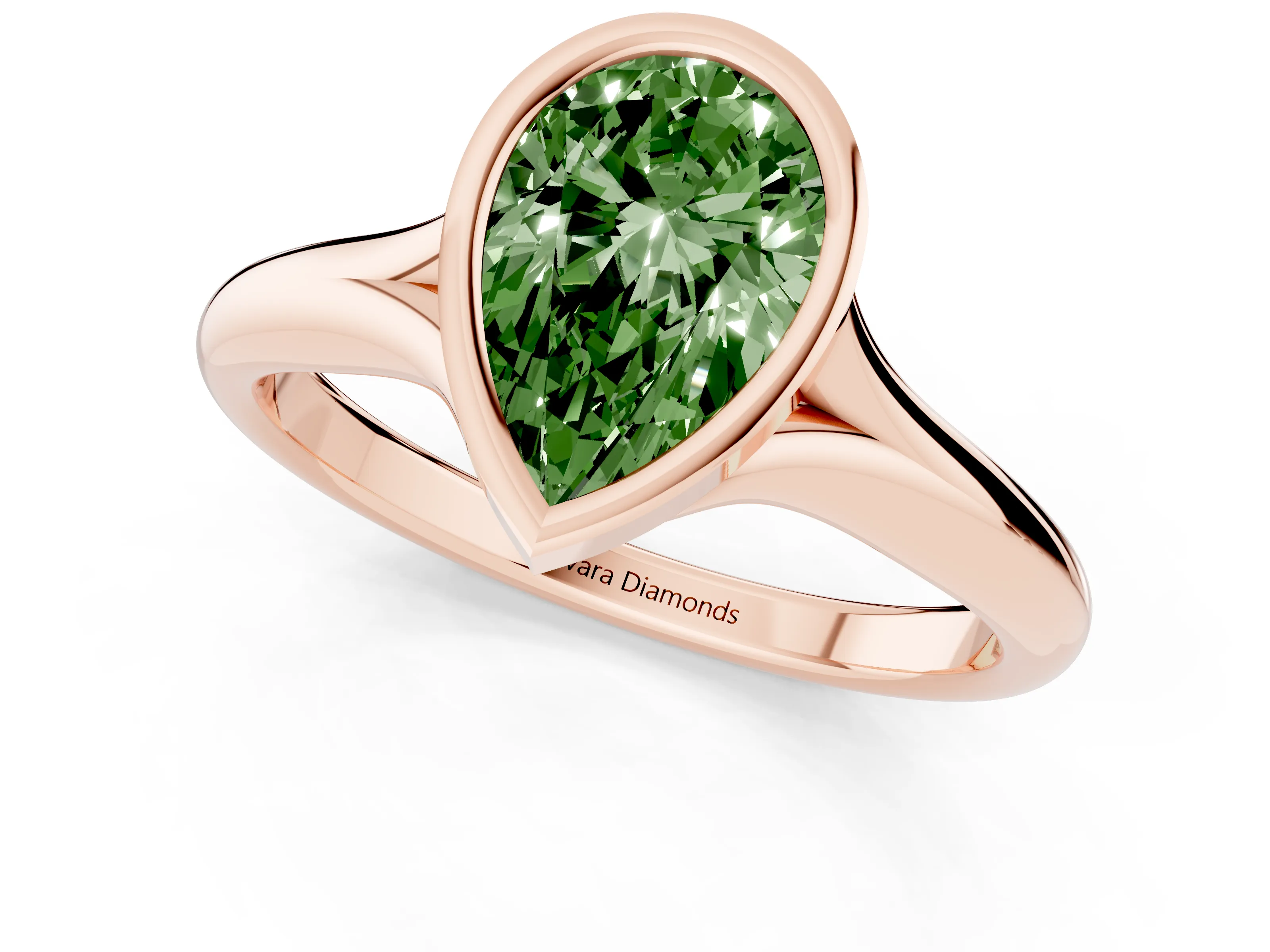 Fancy Green Bezel Set Pear Cut Diamond Solitaire Ring Set in Rose gold with Smooth Band