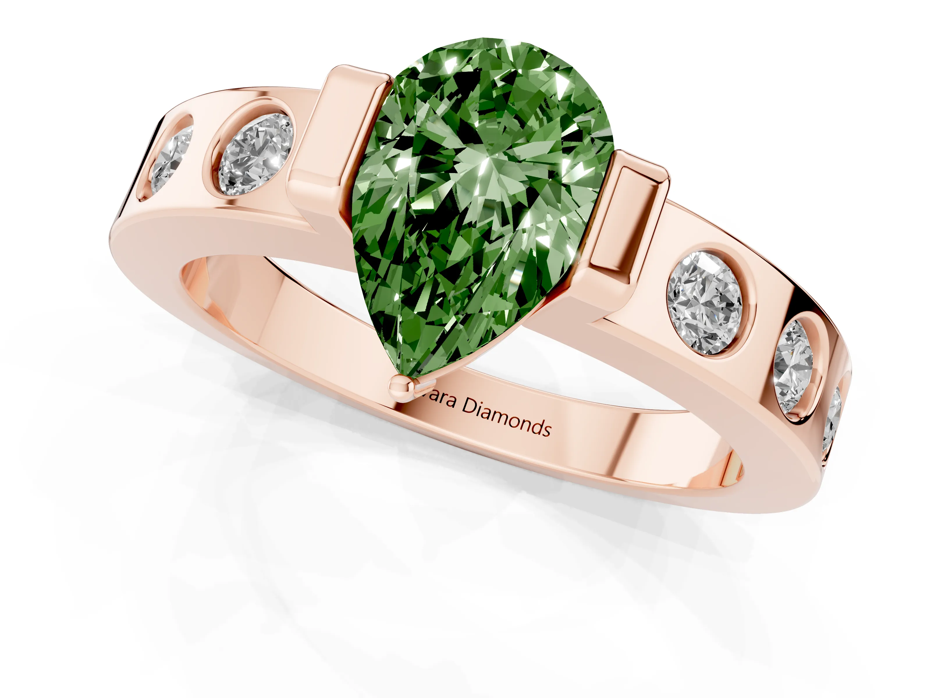 Fancy Green Pear Cut Diamond Channel-Set Band Ring Set in Rose gold with Bezel Prong Setting