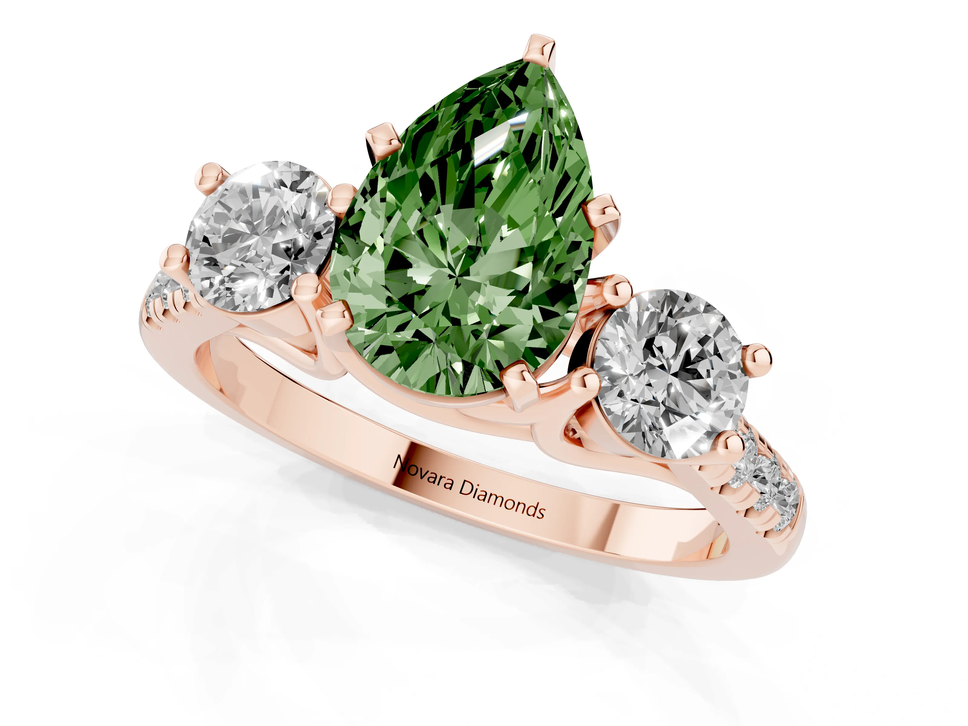 Fancy Green Three-Stone Pear Cut Diamond Pavé Band Ring Set in Rose gold with Prong-Set Trio