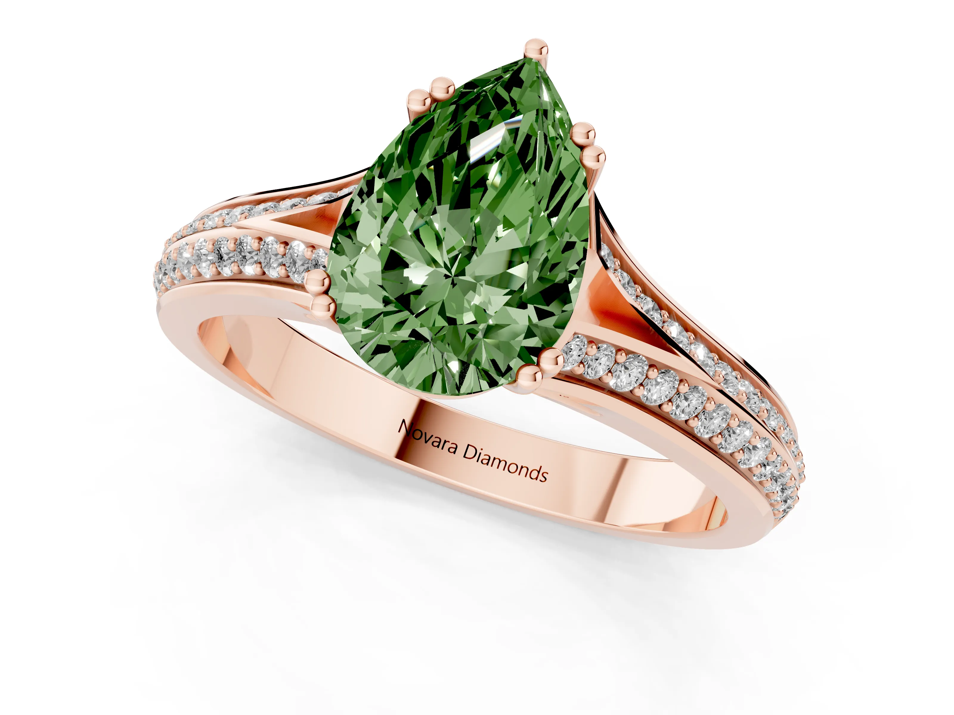 Fancy Green Pear Cut Diamond Split Shank Pavé Engagement Ring Set in Rose gold with Prong-Set Center Stone
