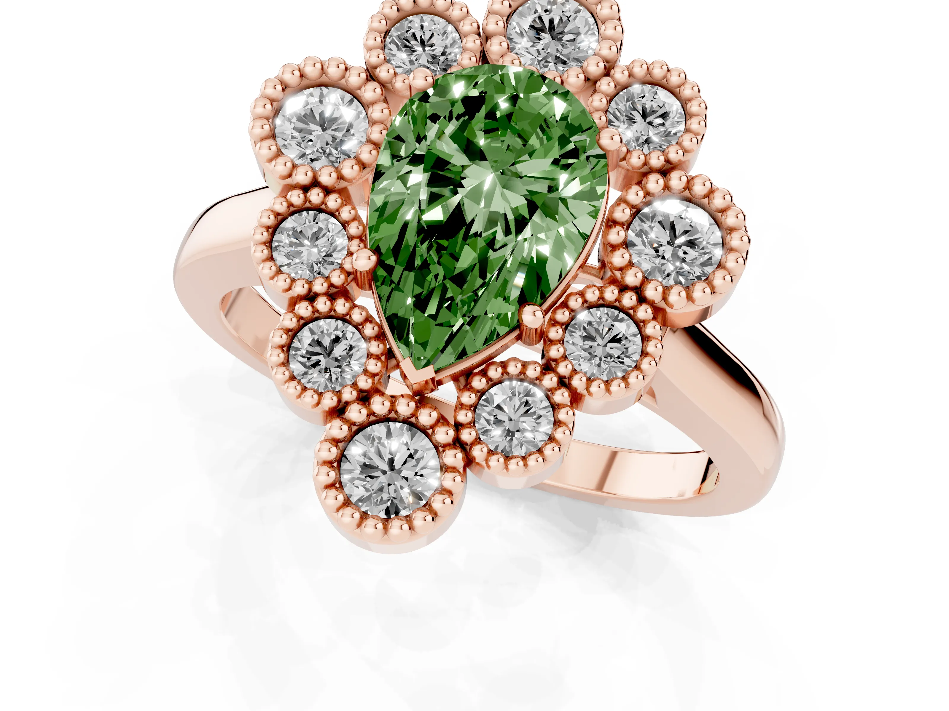 Fancy Green Pear Cut Diamond Cluster Halo Ring Set in Rose gold with Milgrain Bezel Accents and Plain Band