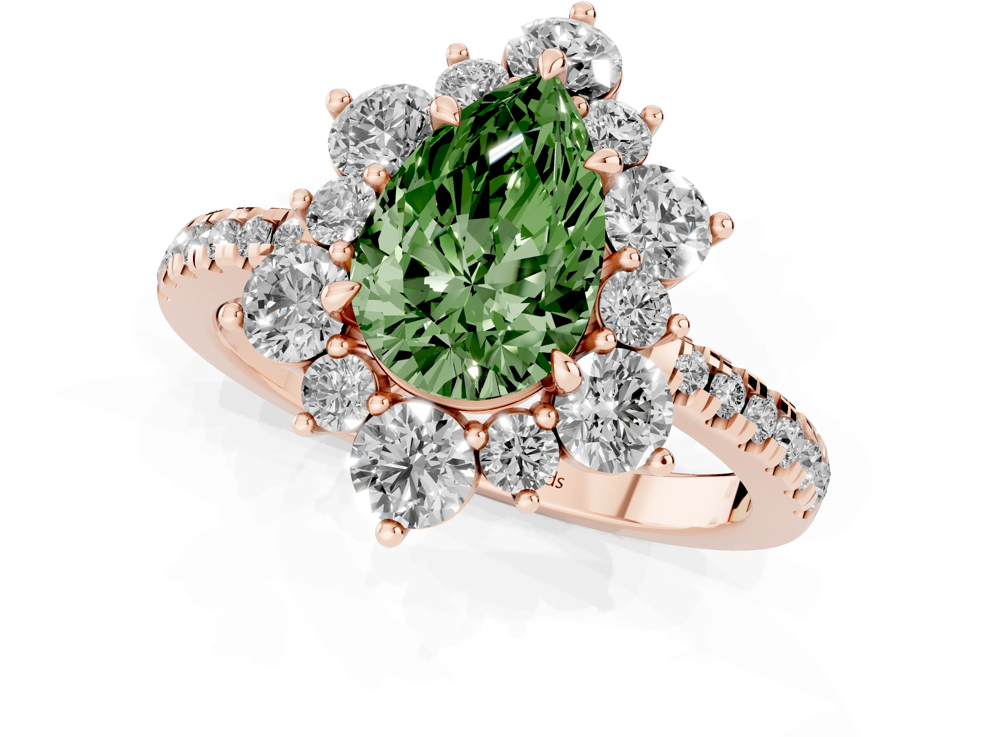 Fancy Green Pear Cut Diamond Floral Halo Ring Set in Rose gold with Round Pavé Band and Prong Setting