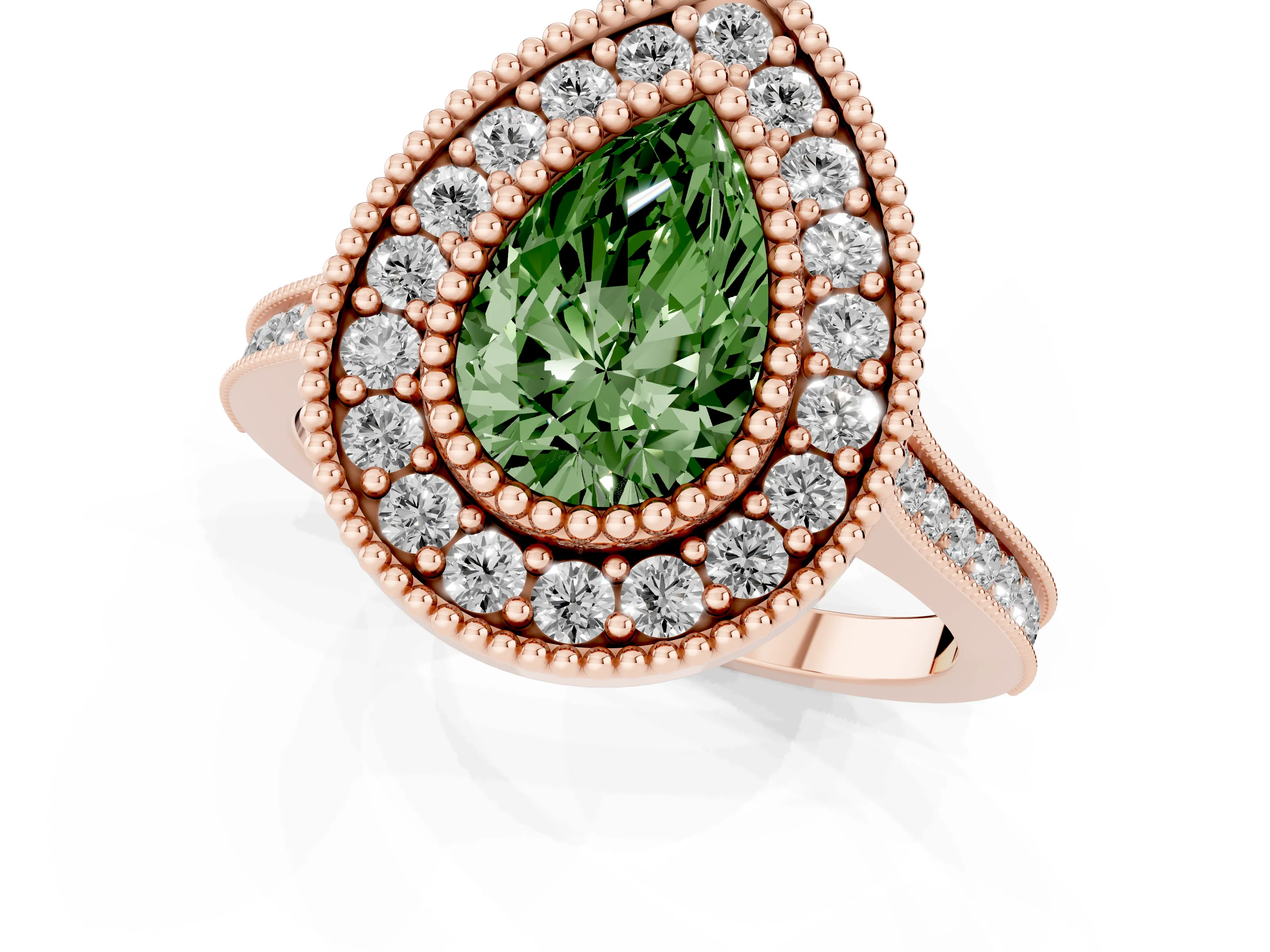 Fancy Green Pear Cut Diamond Halo Ring Set in Rose gold with Milgrain Frame and Pavé Band