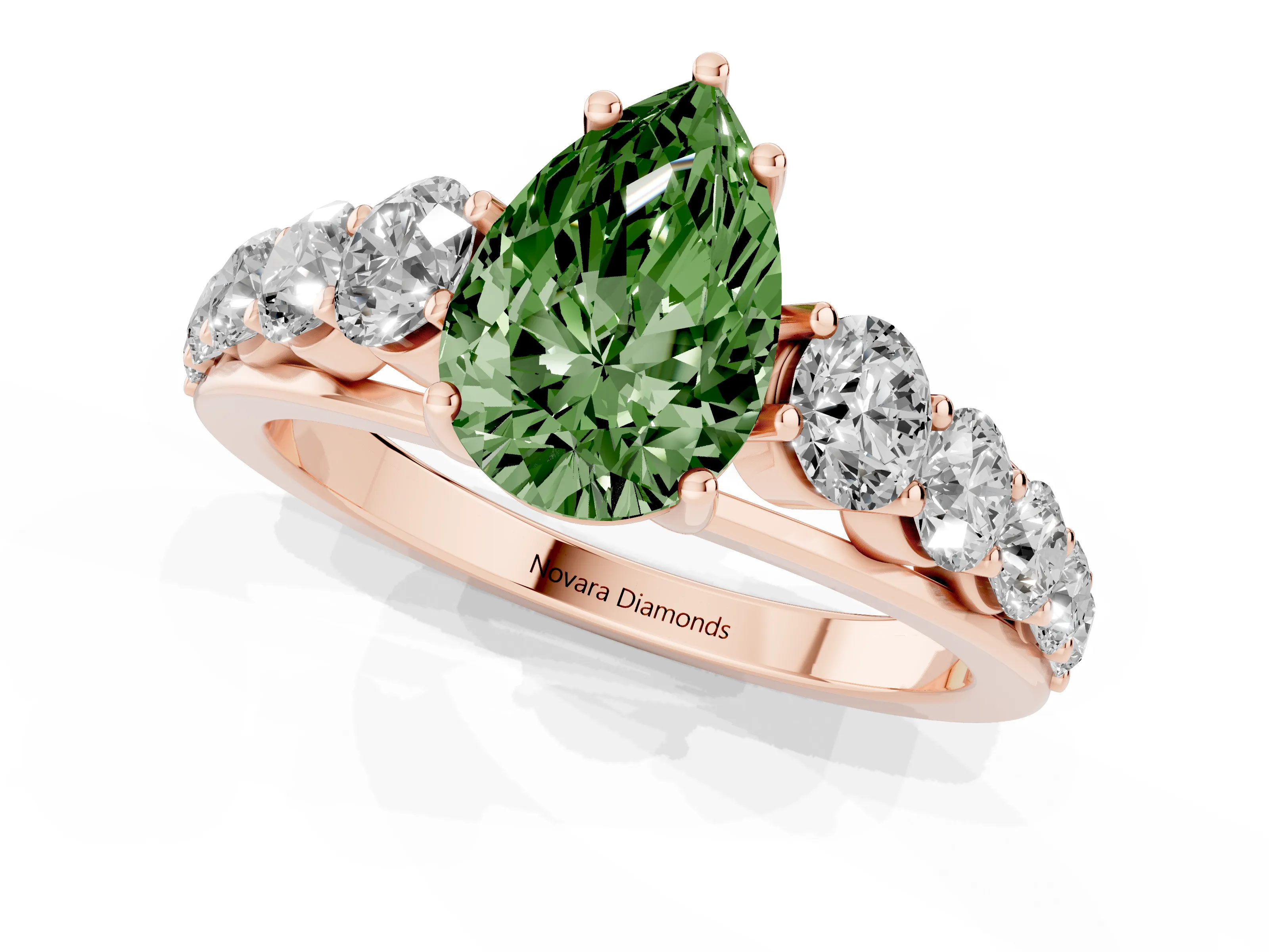 Fancy Green Pear Cut Diamond Solitaire Ring Set in Rose gold with Pavé-Set Band and Prong Setting