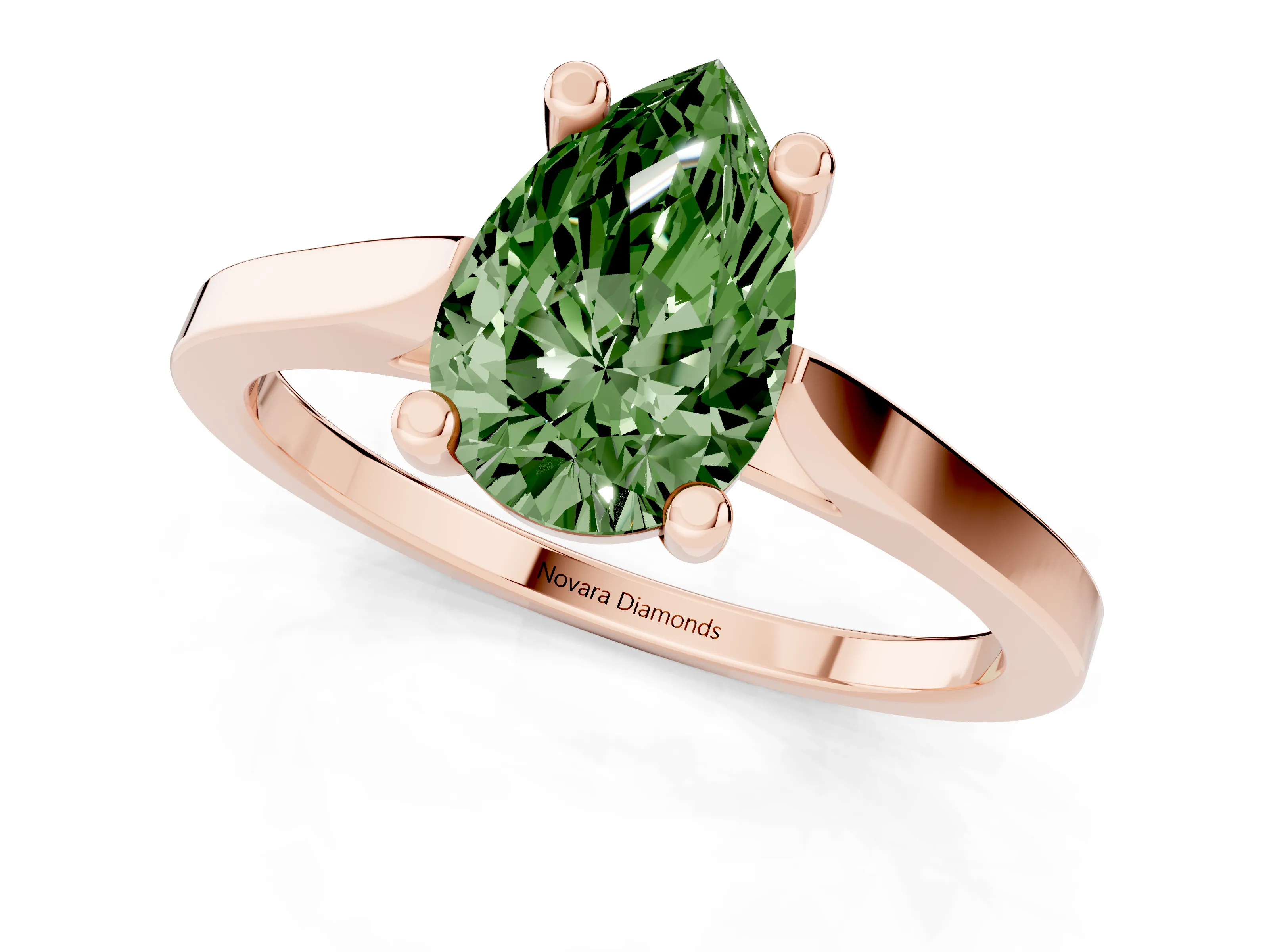 Fancy Green Pear Cut Diamond Solitaire Ring Set in Rose gold with Prong Setting and Tapered Band