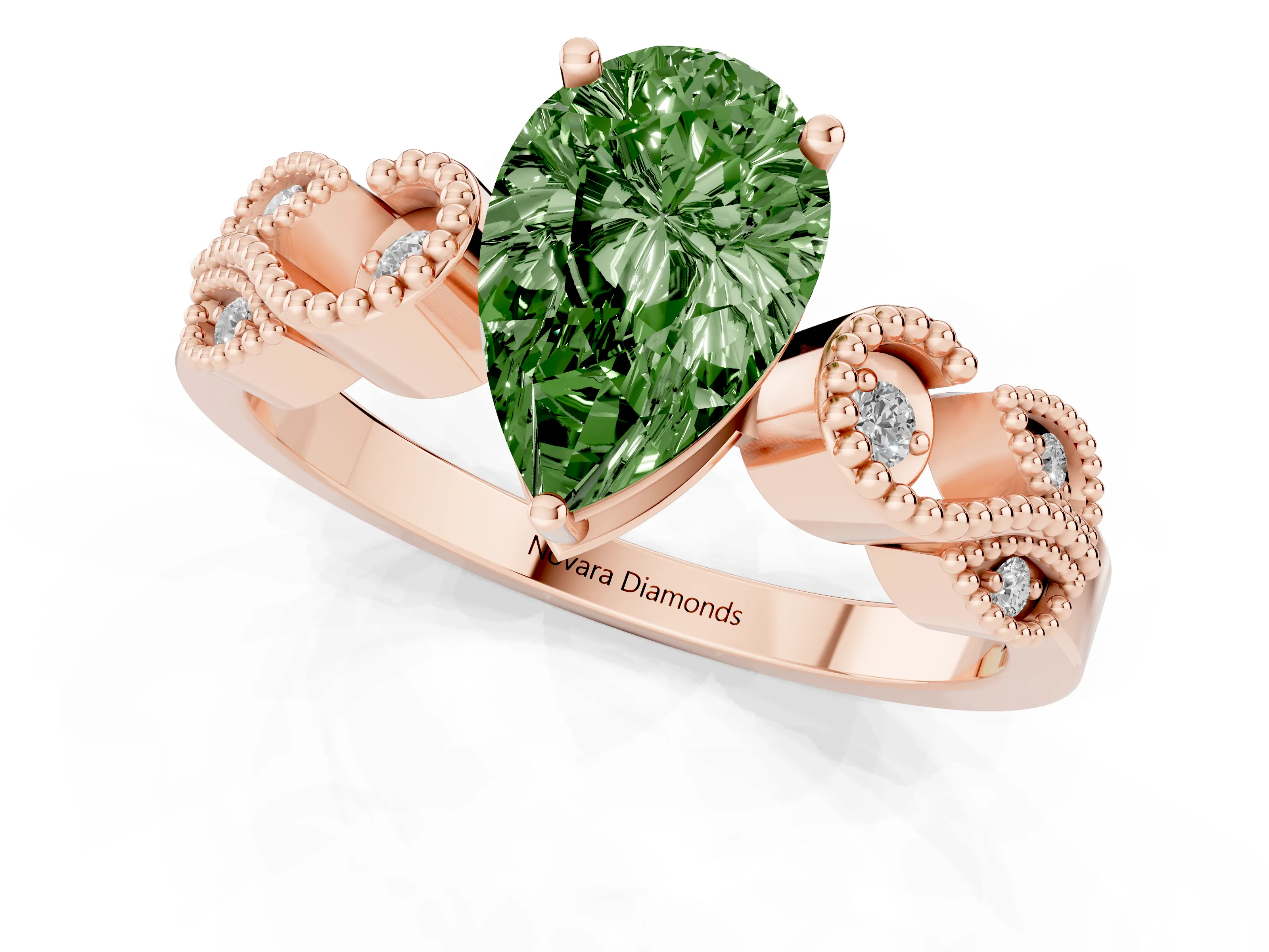 Fancy Green Pear Cut Diamond Milgrain Leaf Band Solitaire Ring Set in Rose gold with Accent Stones and Prong Setting