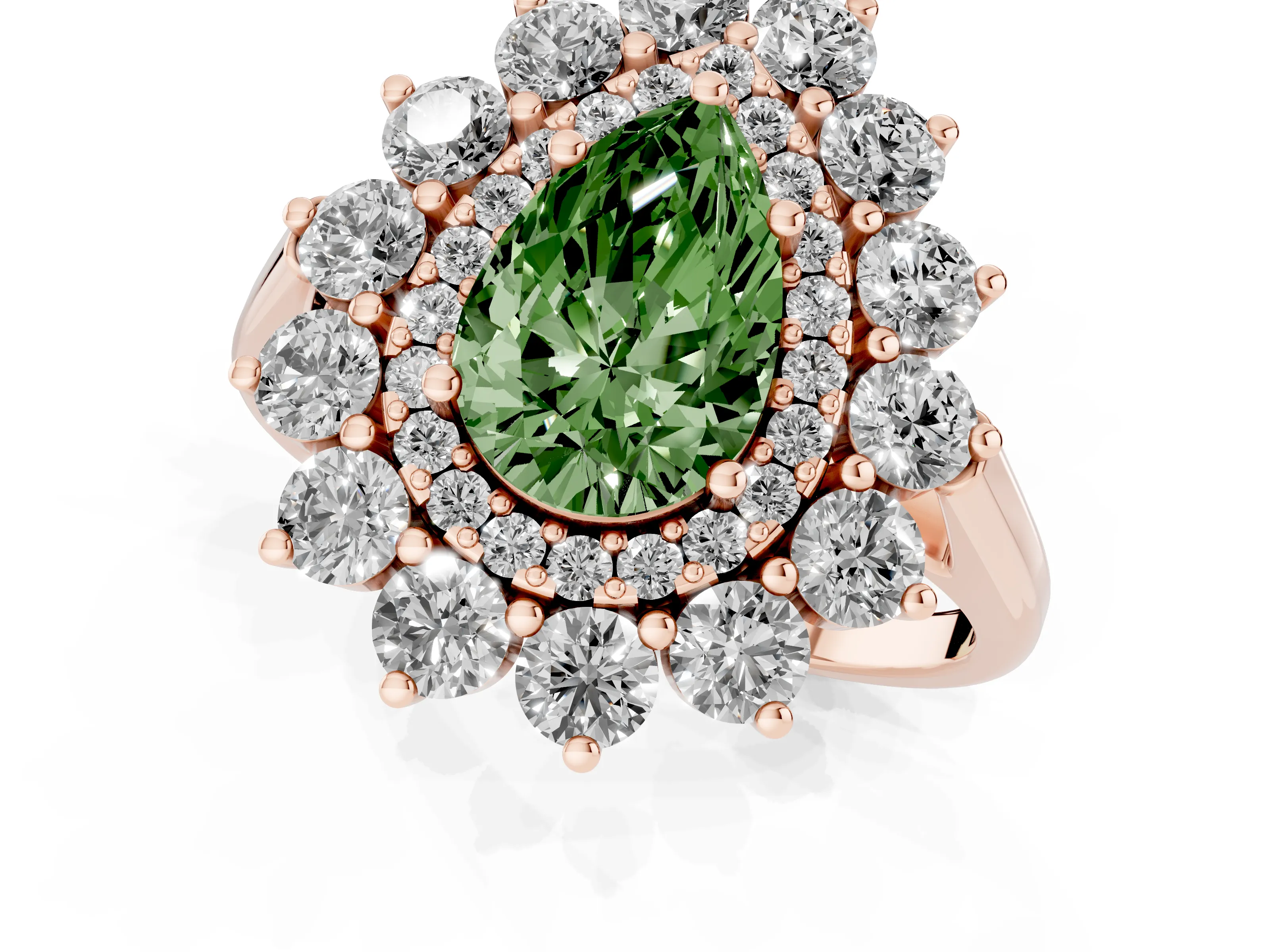 Fancy Green Pear Cut Diamond Floral Double Halo Ring Set in Rose gold with Round Petals
