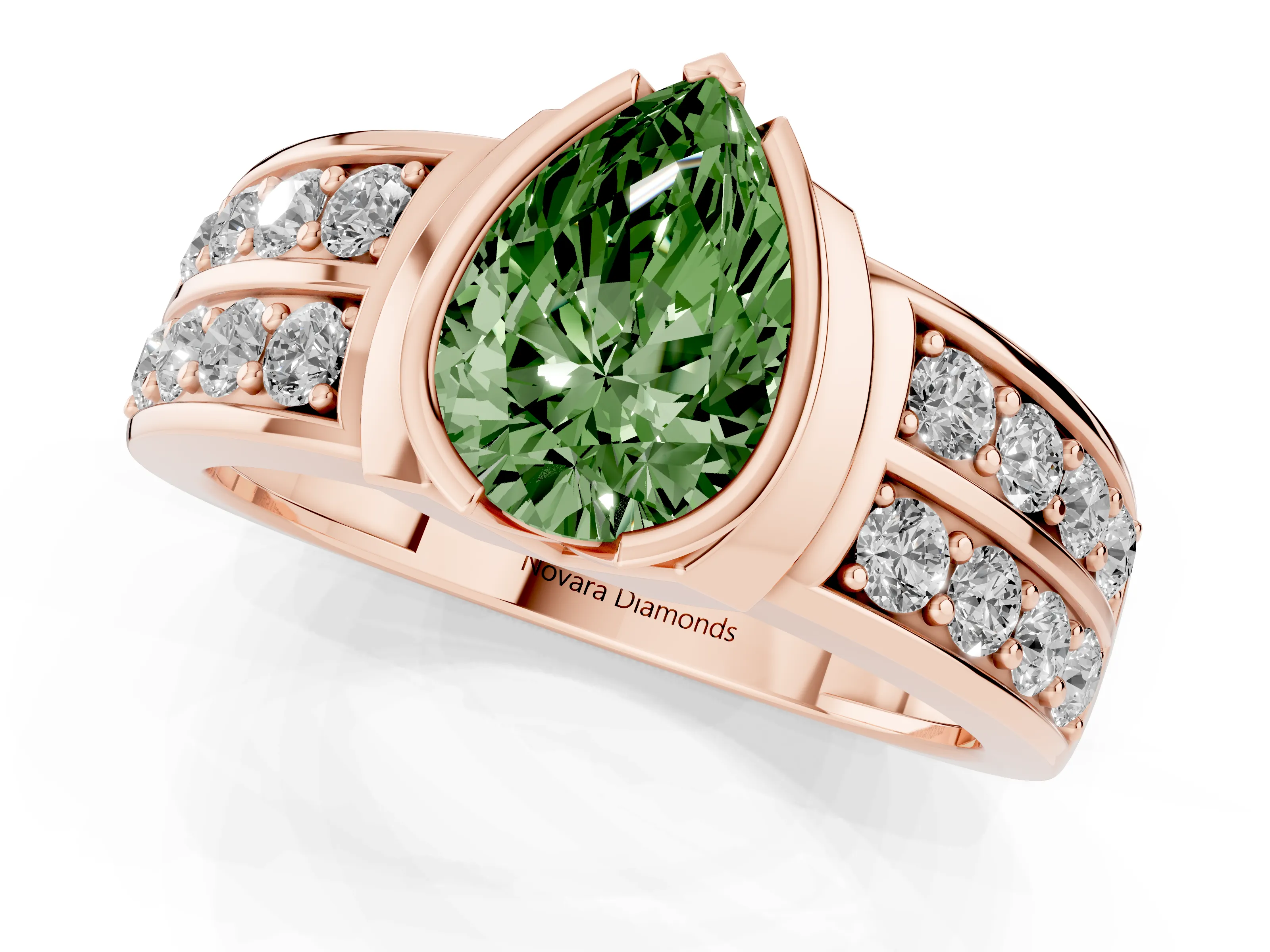 Fancy Green Pear Cut Diamond Wide Channel Set Band Ring Set in Rose gold with Bezel Setting