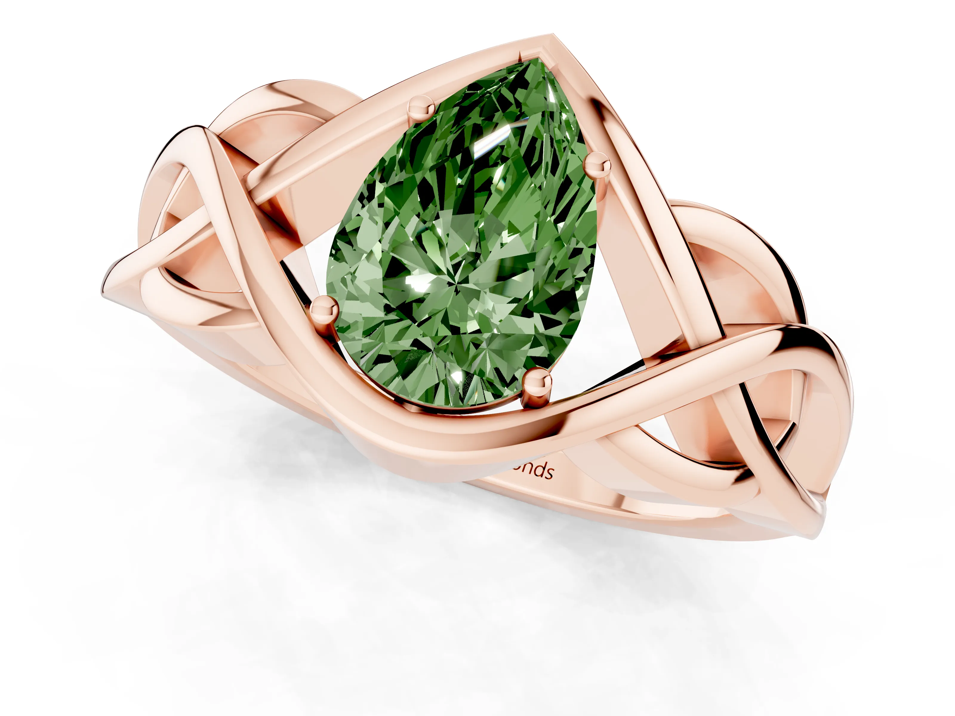 Fancy Green Pear Cut Diamond Solitaire Ring Set in Rose gold with Intertwined Band