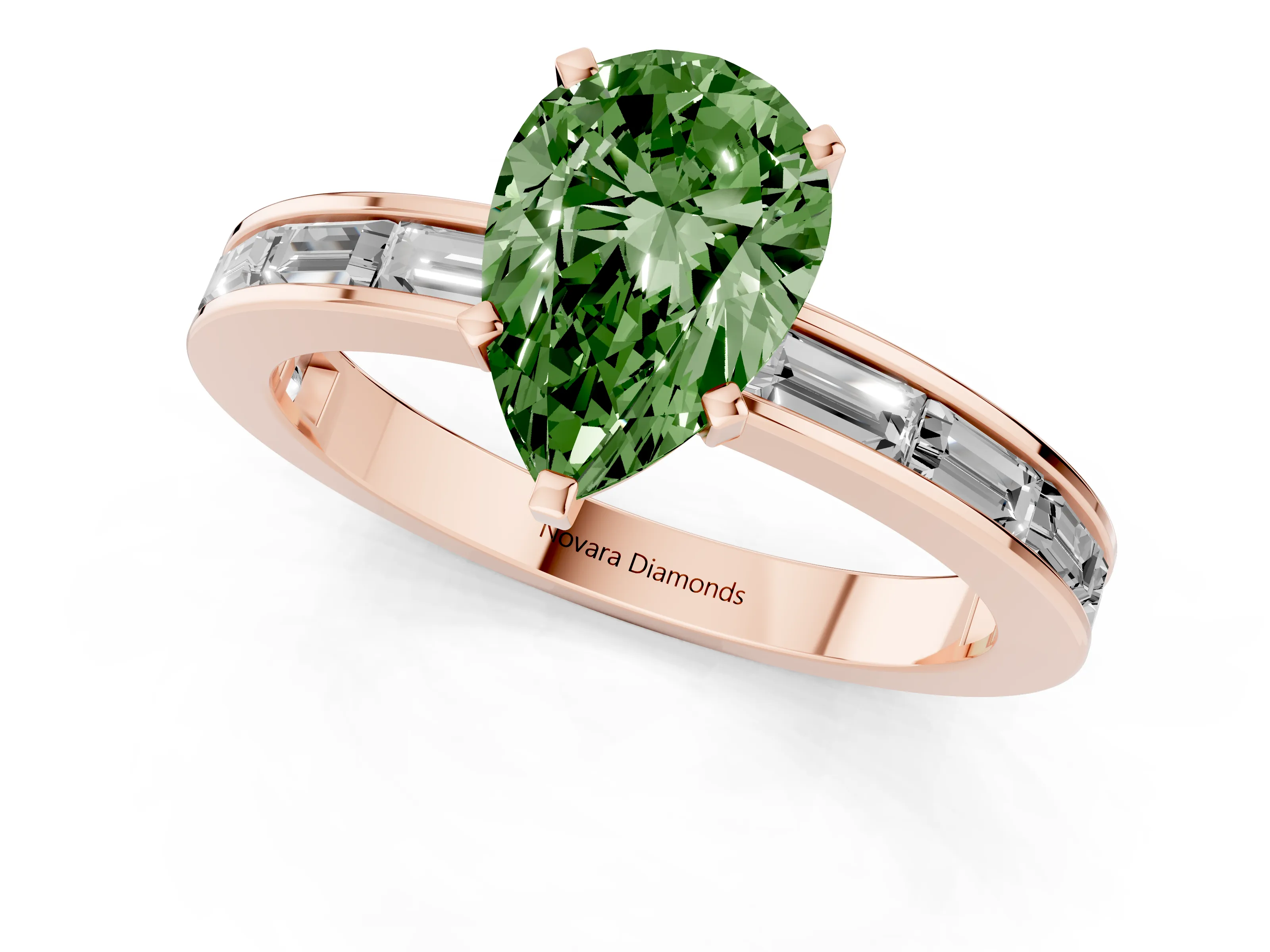 Fancy Green Pear Cut Diamond Solitaire Ring Set in Rose gold with Channel-Set Baguette Band and Prong Setting
