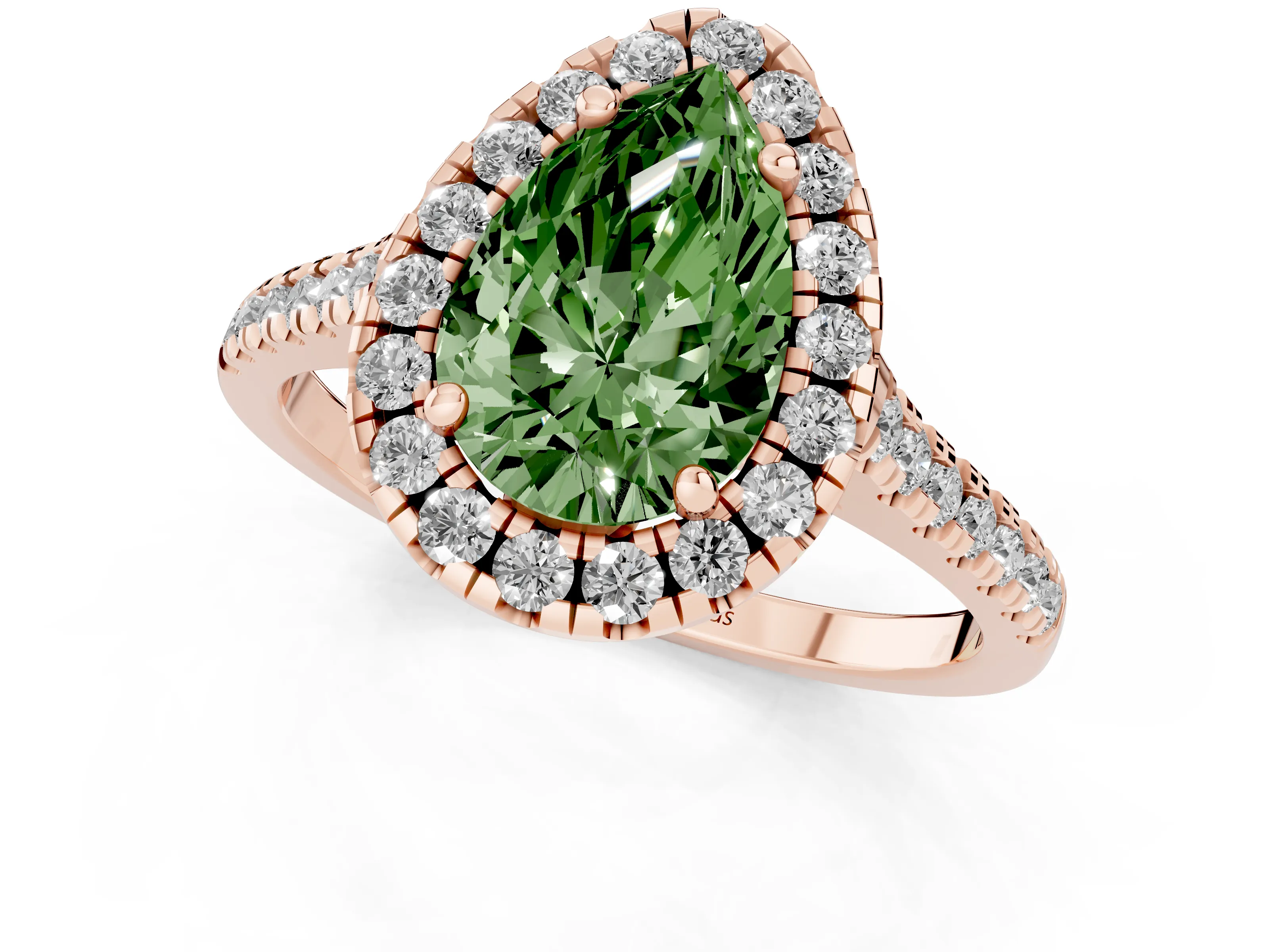 Fancy Green Pear Cut Diamond Cushion Halo Ring Set in Rose gold with Pavé Band