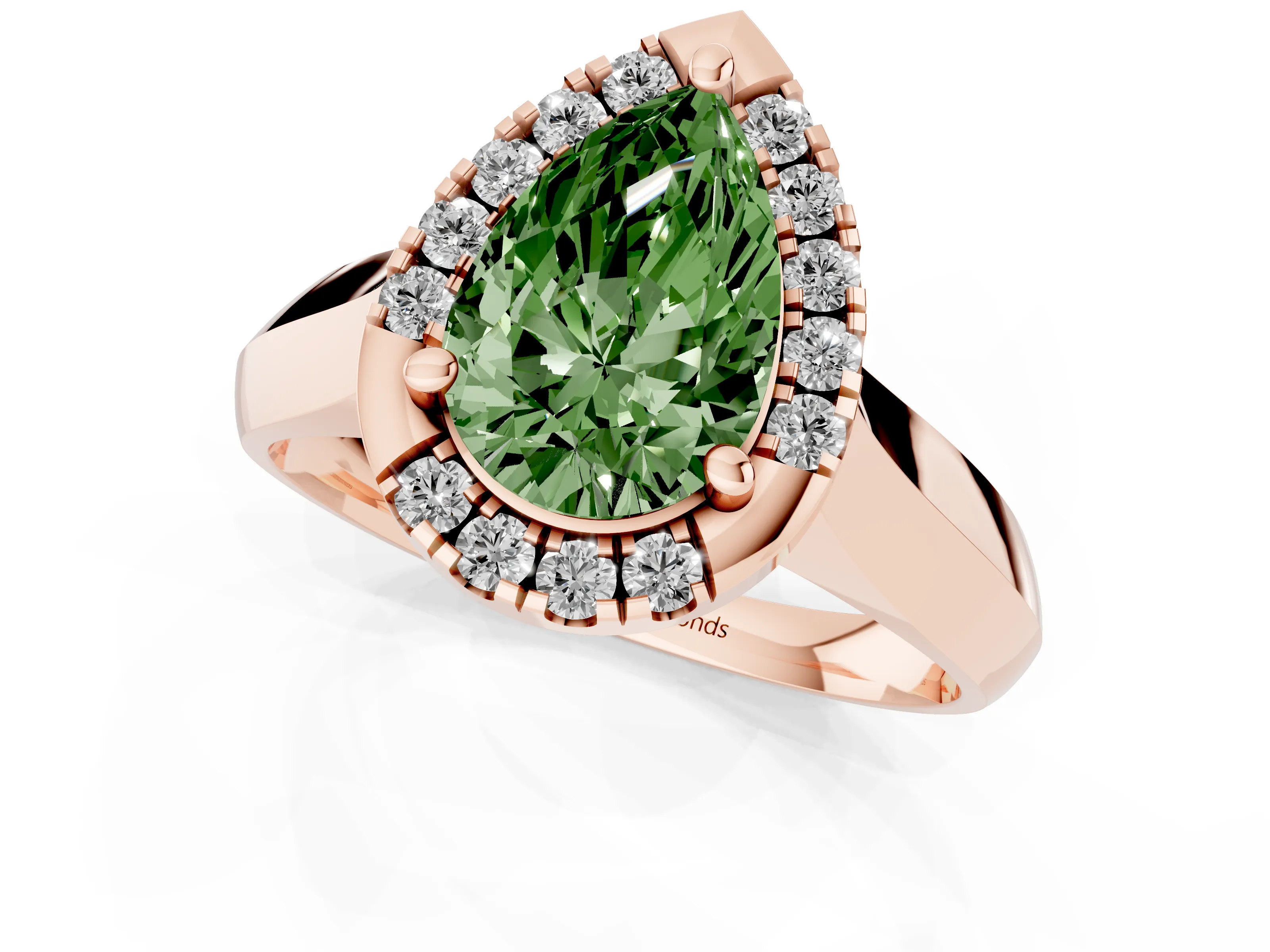 Fancy Green Pear Cut Diamond Halo Solitaire Engagement Ring Set in Rose gold with Square Band and Prong Setting