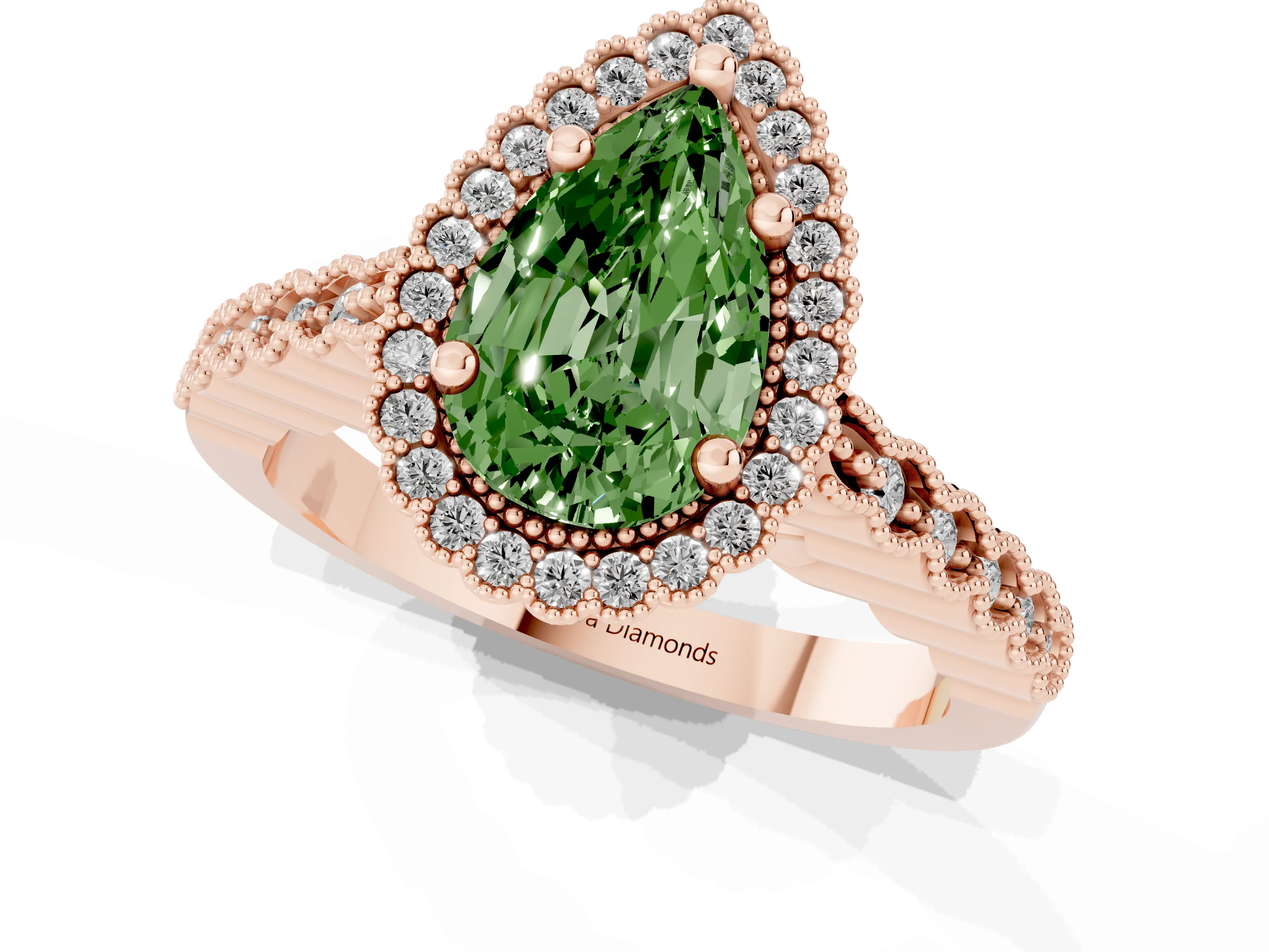 Fancy Green Pear Cut Diamond Halo Ring Set in Rose gold with Pavé Milgrain Band