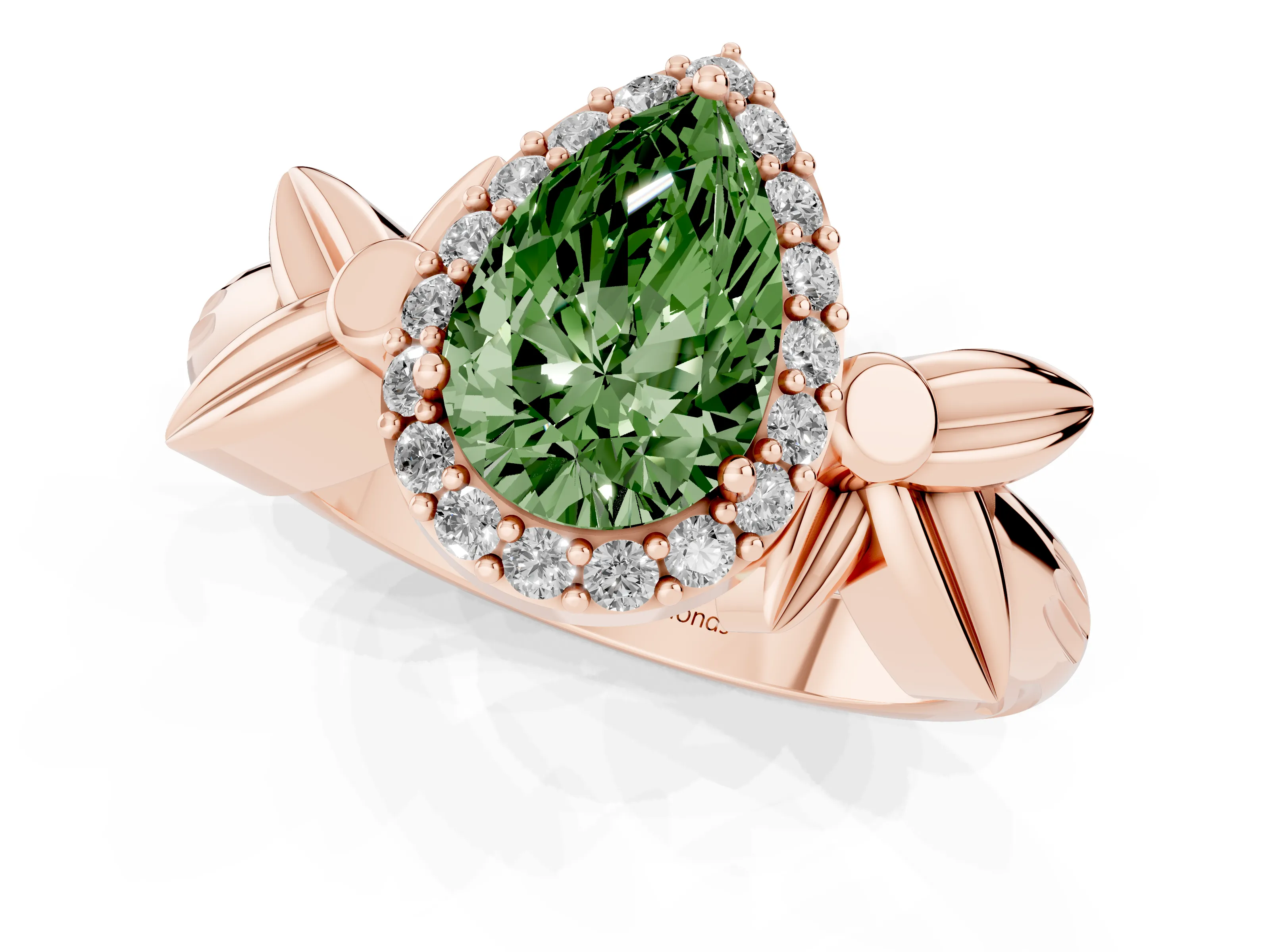 Fancy Green Pear Cut Diamond Halo Floral Band Ring Set in Rose gold with Prong Setting