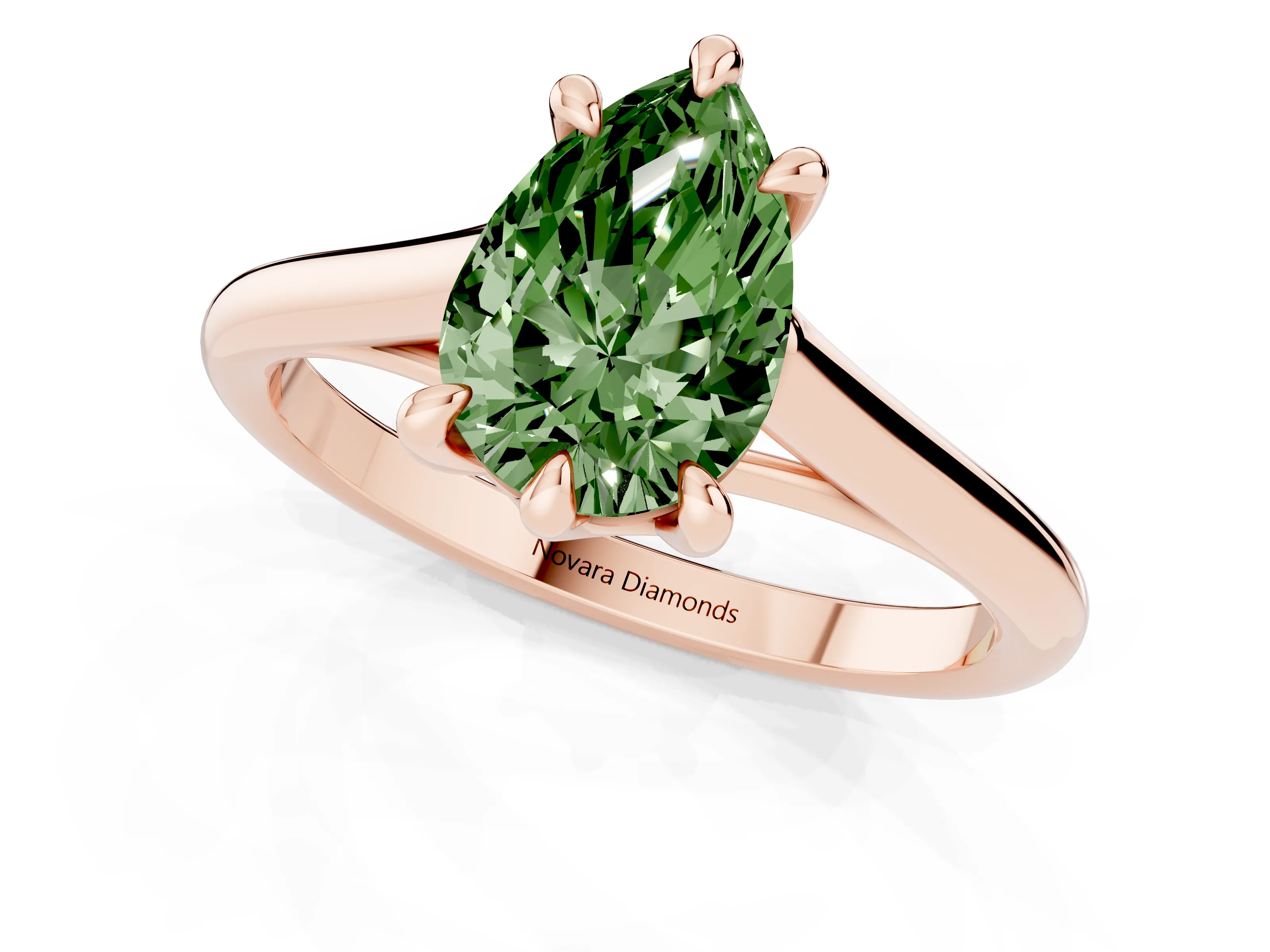 Fancy Green Pear Cut Diamond Solitaire Engagement Ring Set in Rose gold with Prong Setting and Plain Classic Band