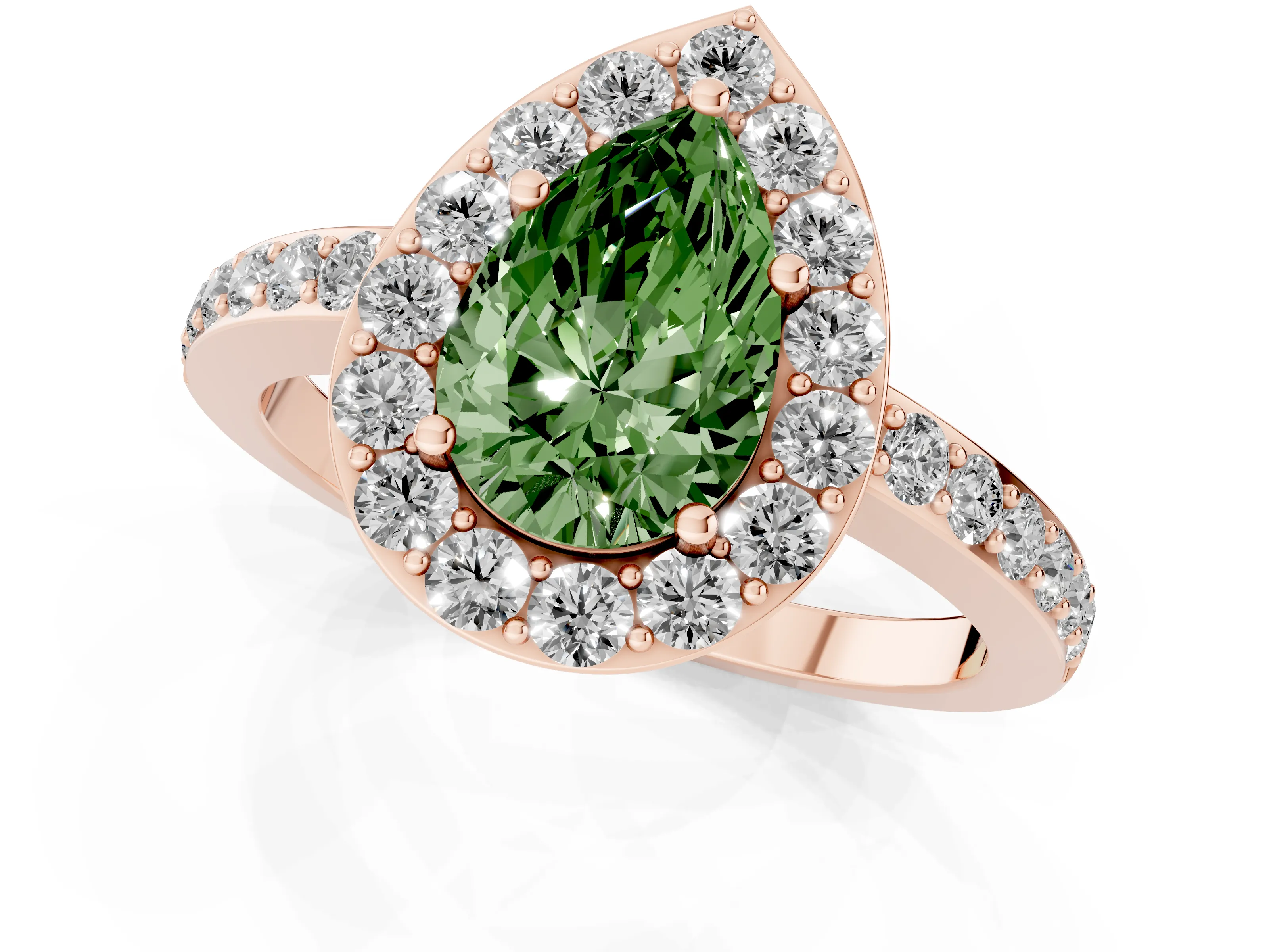 Fancy Green Pear Cut Diamond Halo Ring Set in Rose gold with Pavé-Setting Band and Open Prong Center